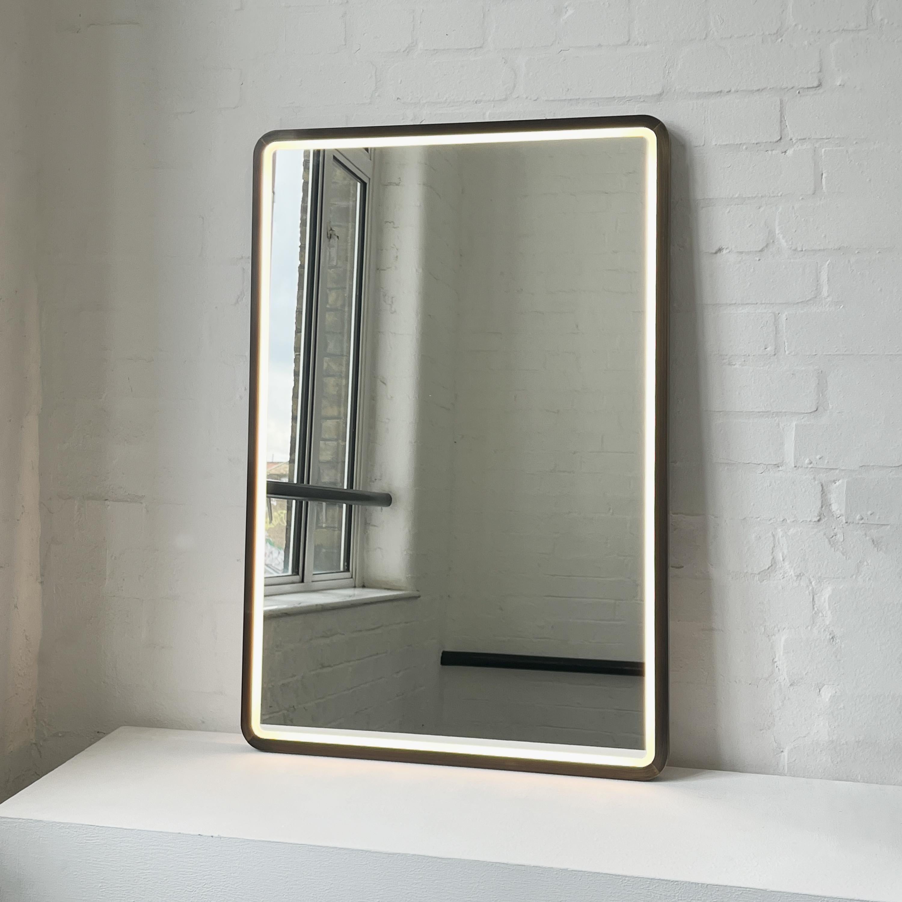 Quadris Front Illuminated Rectangular Mirror with Bronze Patina Mitred Frame For Sale 4