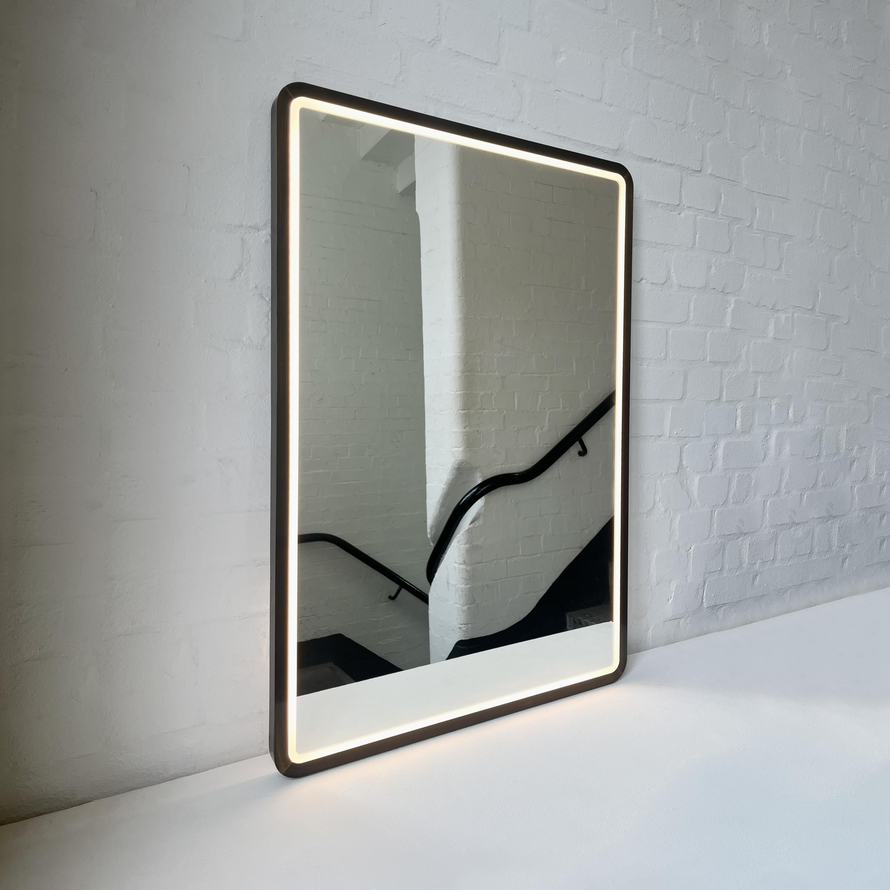 Contemporary Quadris Front Illuminated Rectangular Mirror with Bronze Patina Mitred Frame For Sale