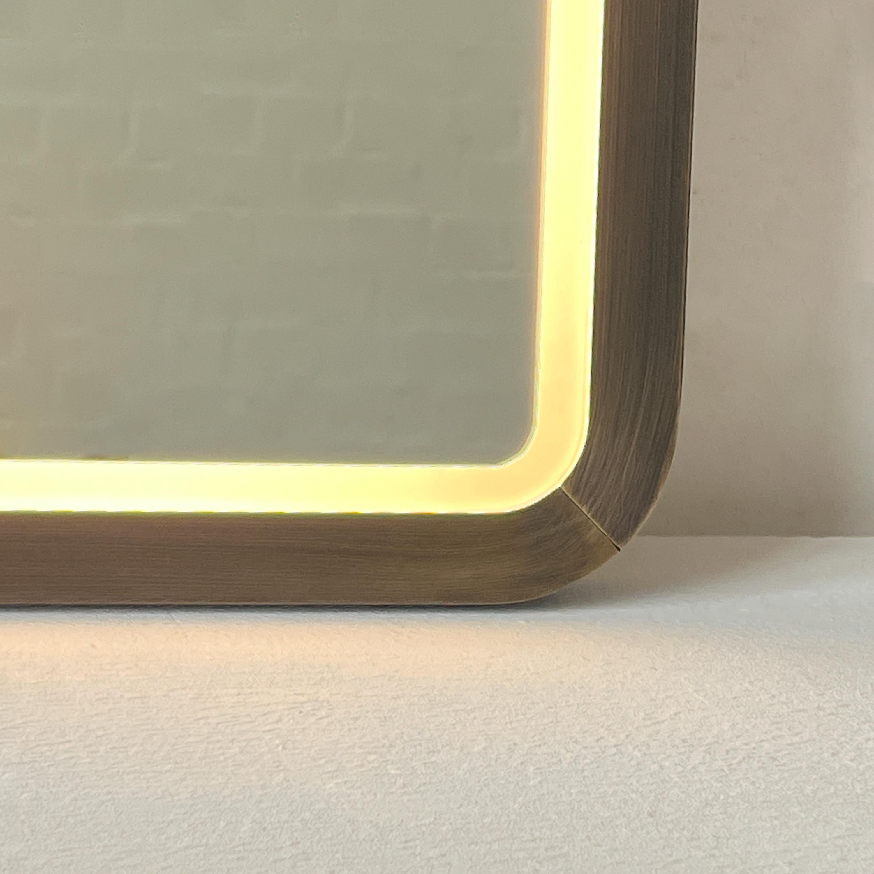 Quadris Front Illuminated Rectangular Mirror with Bronze Patina Mitred Frame For Sale 3