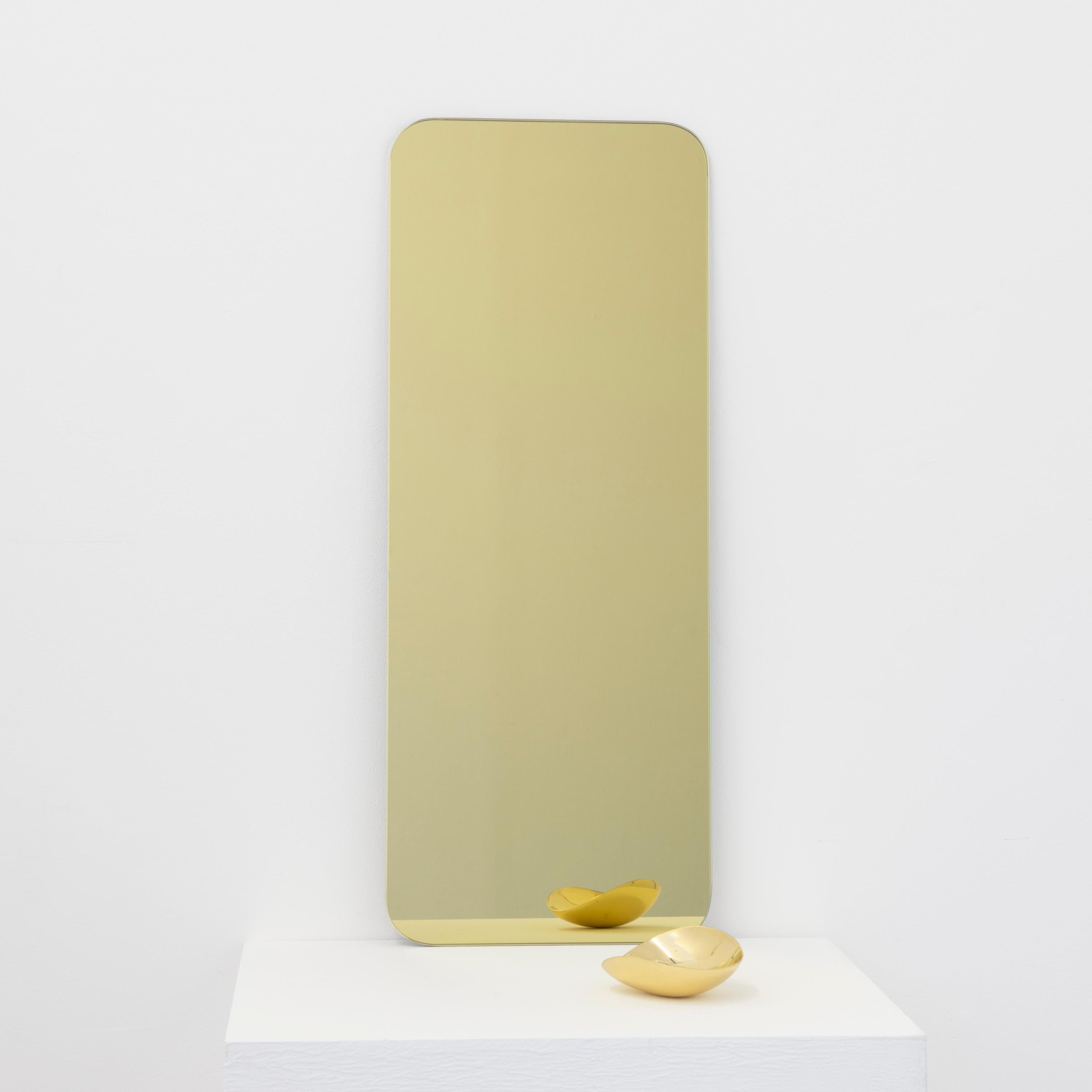 Minimaliste Quadris Gold Miroir contemporain rectangulaire sans cadre avec effet flottant, XL en vente