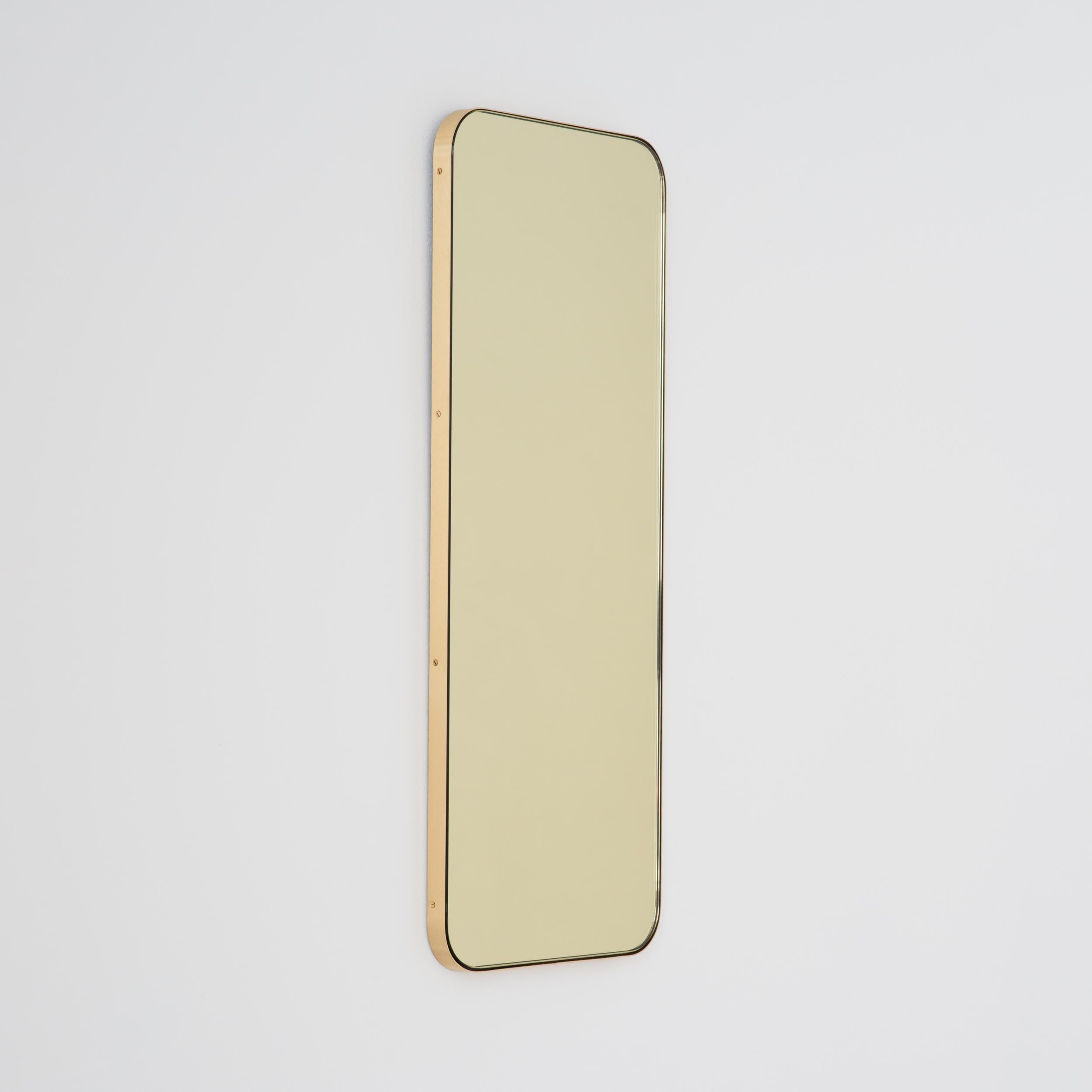 Brushed Quadris Gold Tinted Contemporary Rectangular Mirror with Brass Frame, XL For Sale