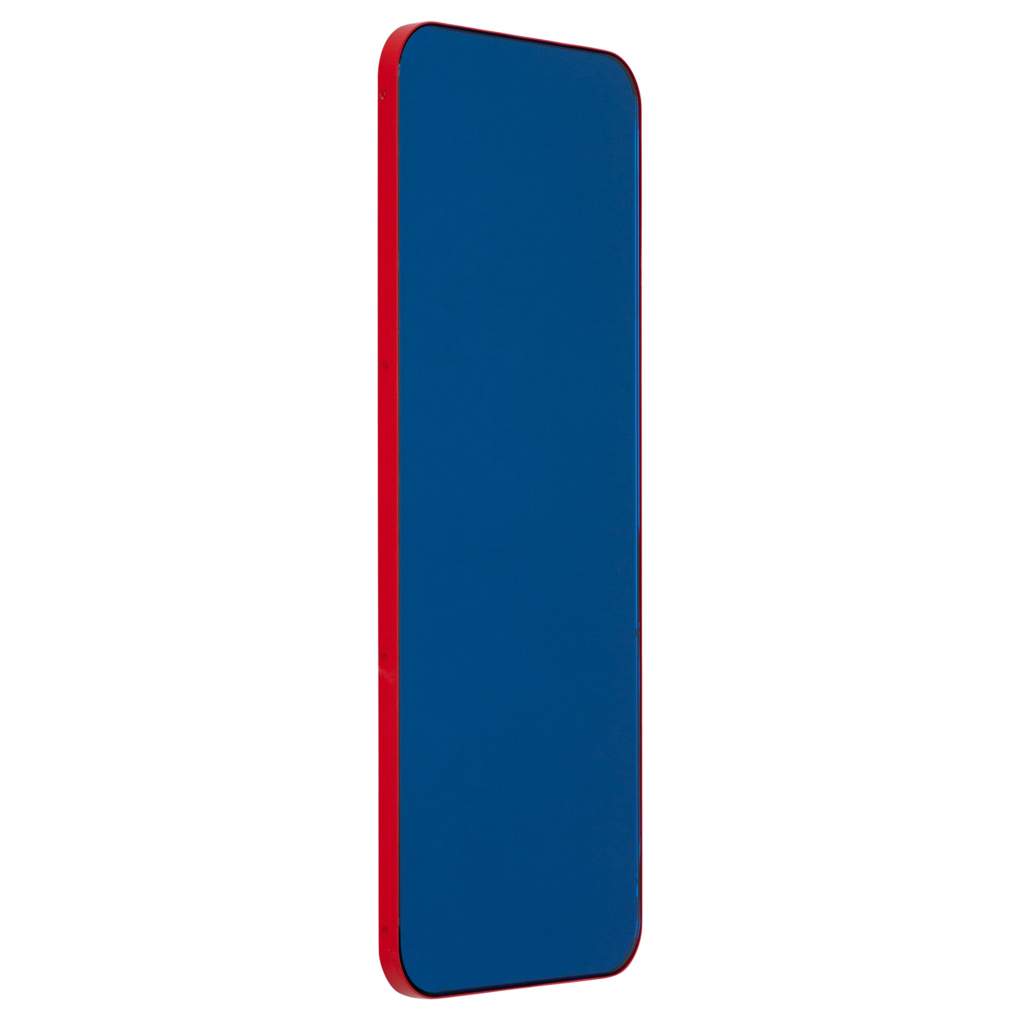 Quadris Rectangular Contemporary Blue Mirror with a Red Frame, Small