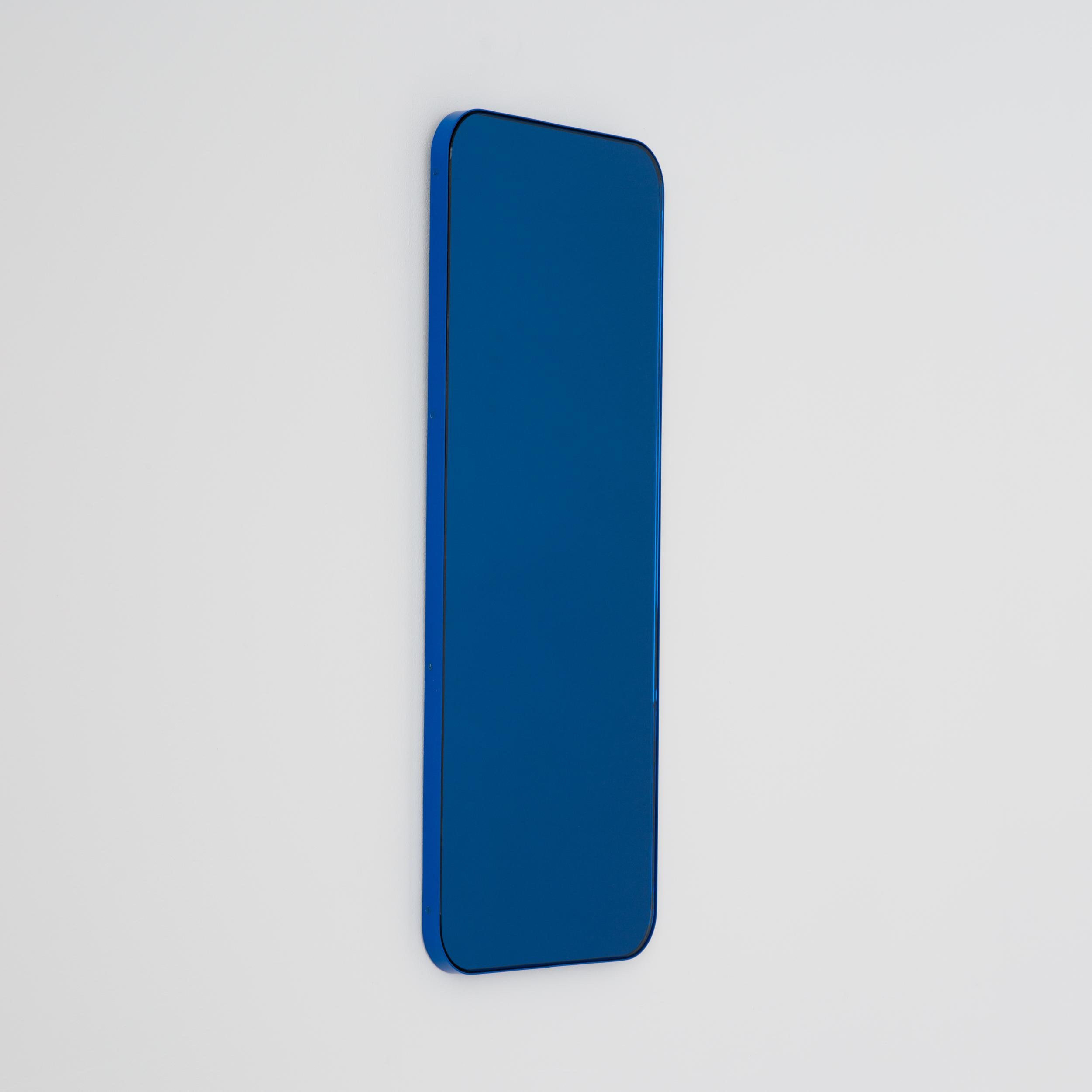Aluminum Quadris Rectangular Blue Tinted Mirror with a Blue Frame, Medium For Sale