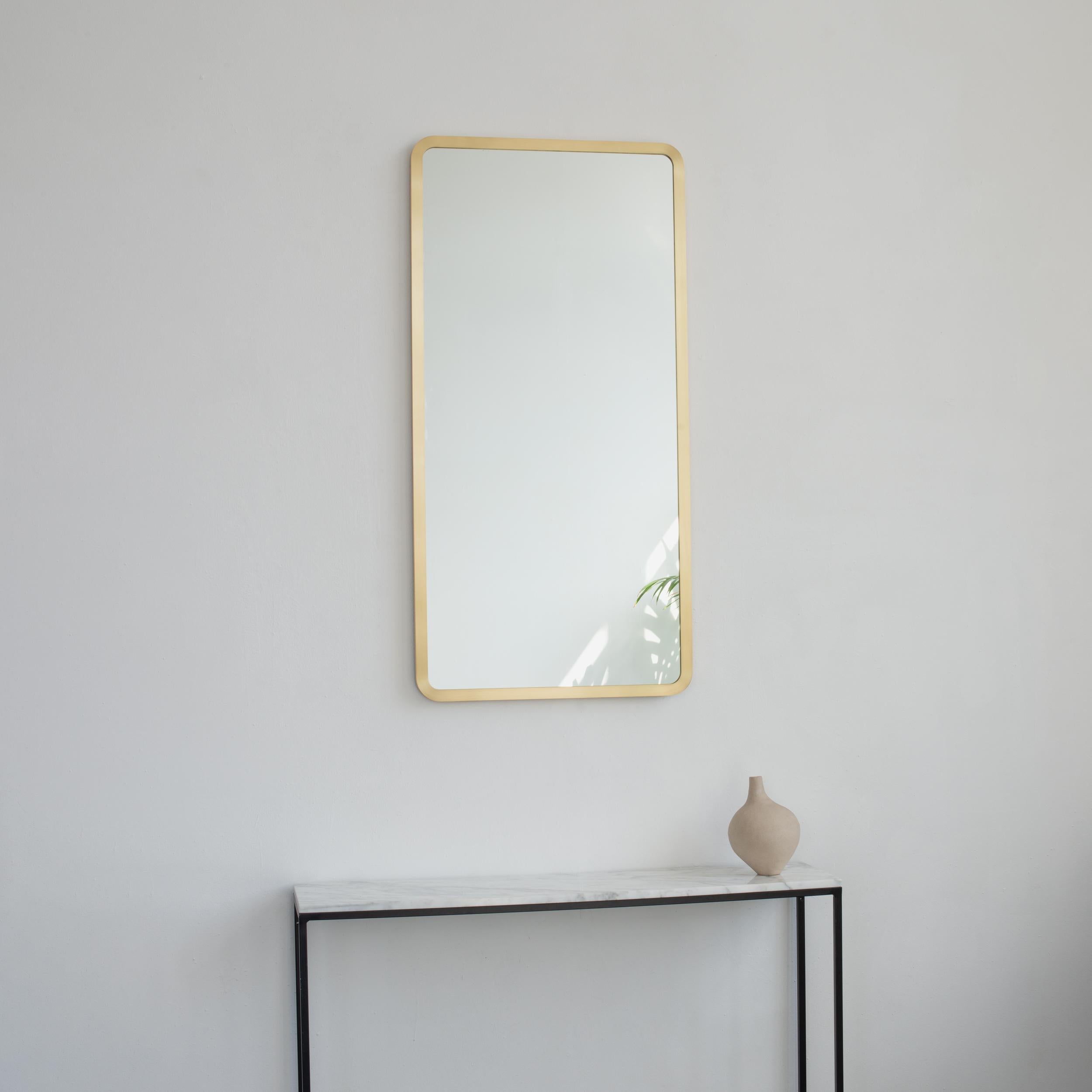 Quadris Rectangular Contemporary Mirror with a Full Front Brass Frame, Medium For Sale 1