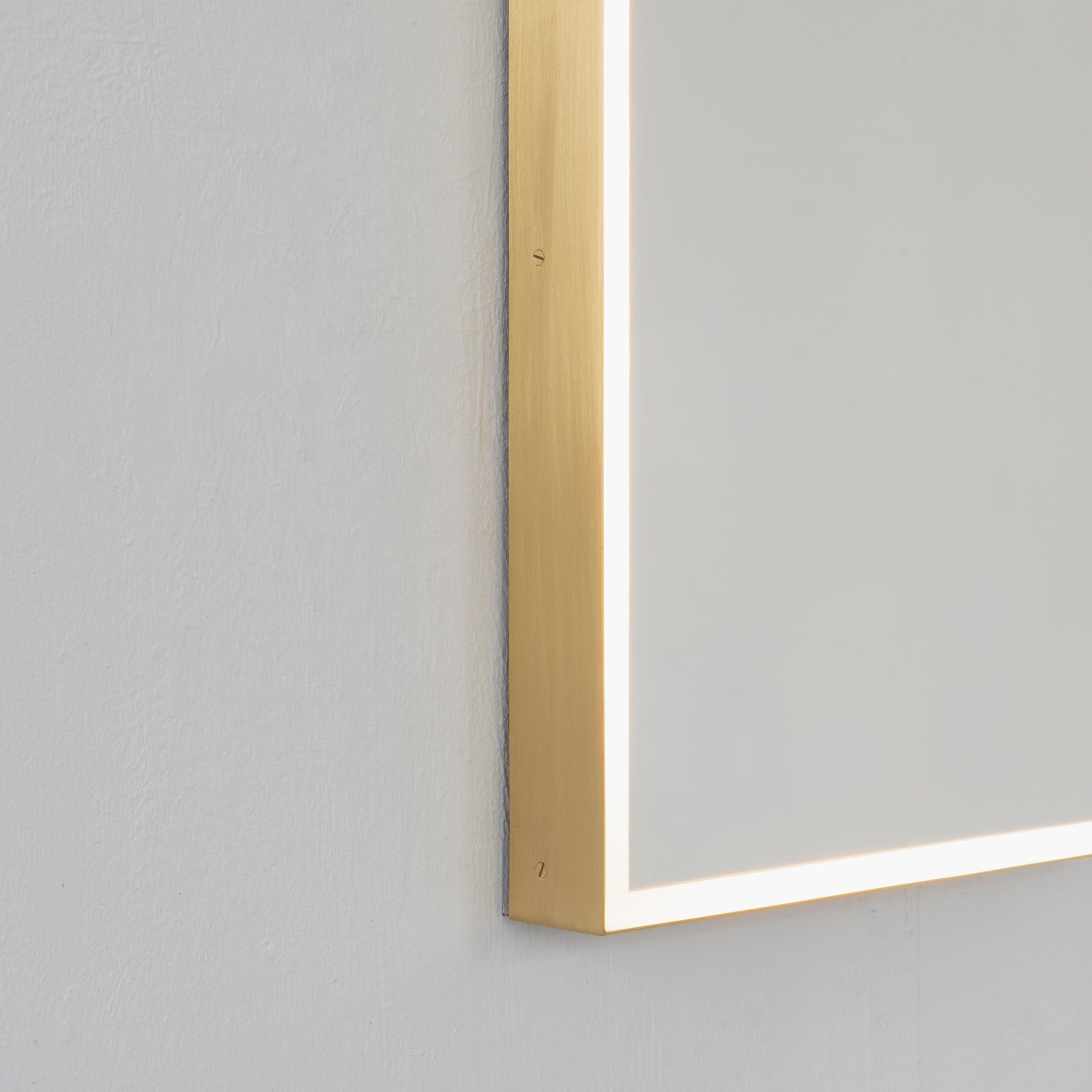 Quadris Rectangular Front Illuminated Contemporary Mirror w Brass Frame, Medium In New Condition For Sale In London, GB