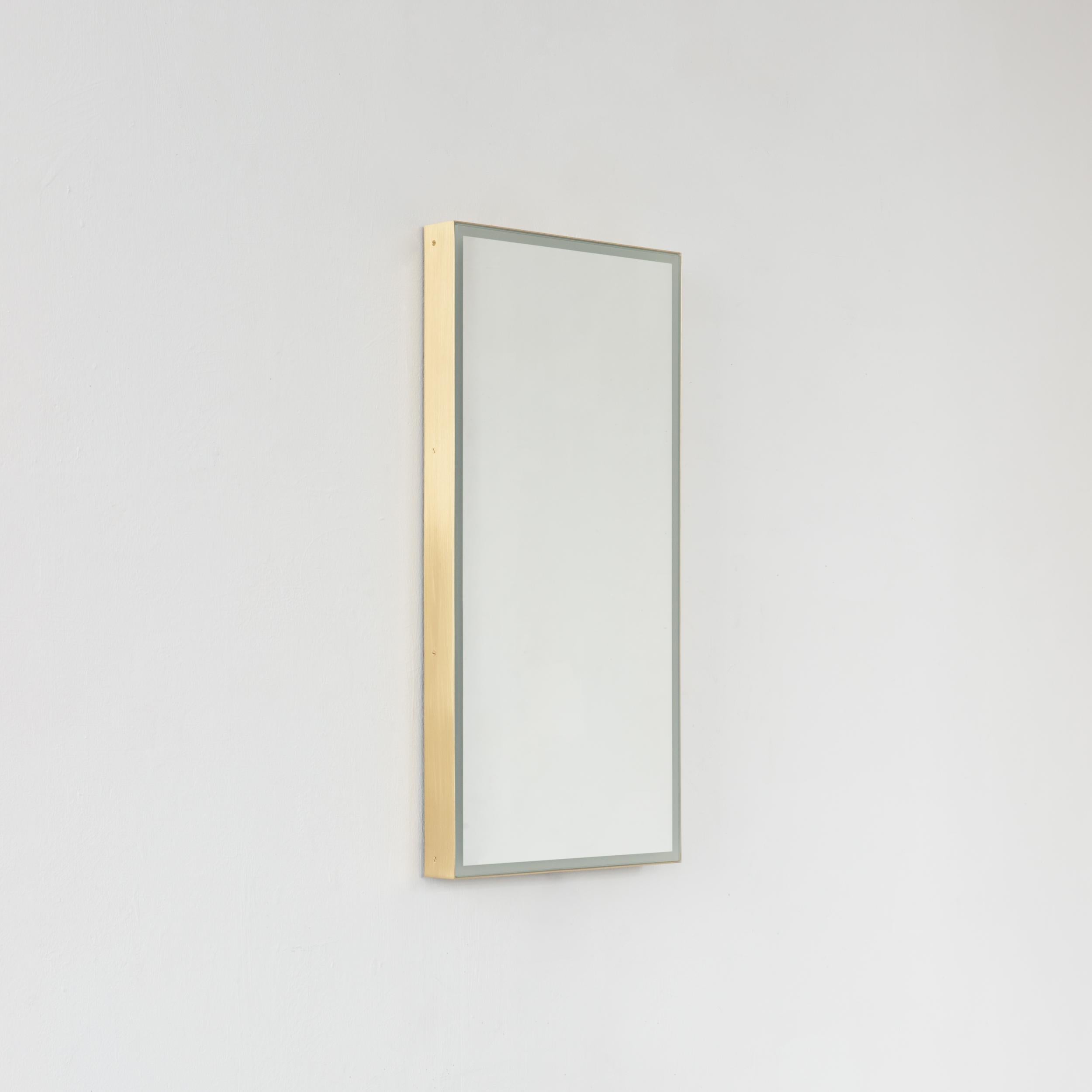 Brushed Quadris Rectangular Front Illuminated Modern Mirror with a Brass Frame, Small For Sale