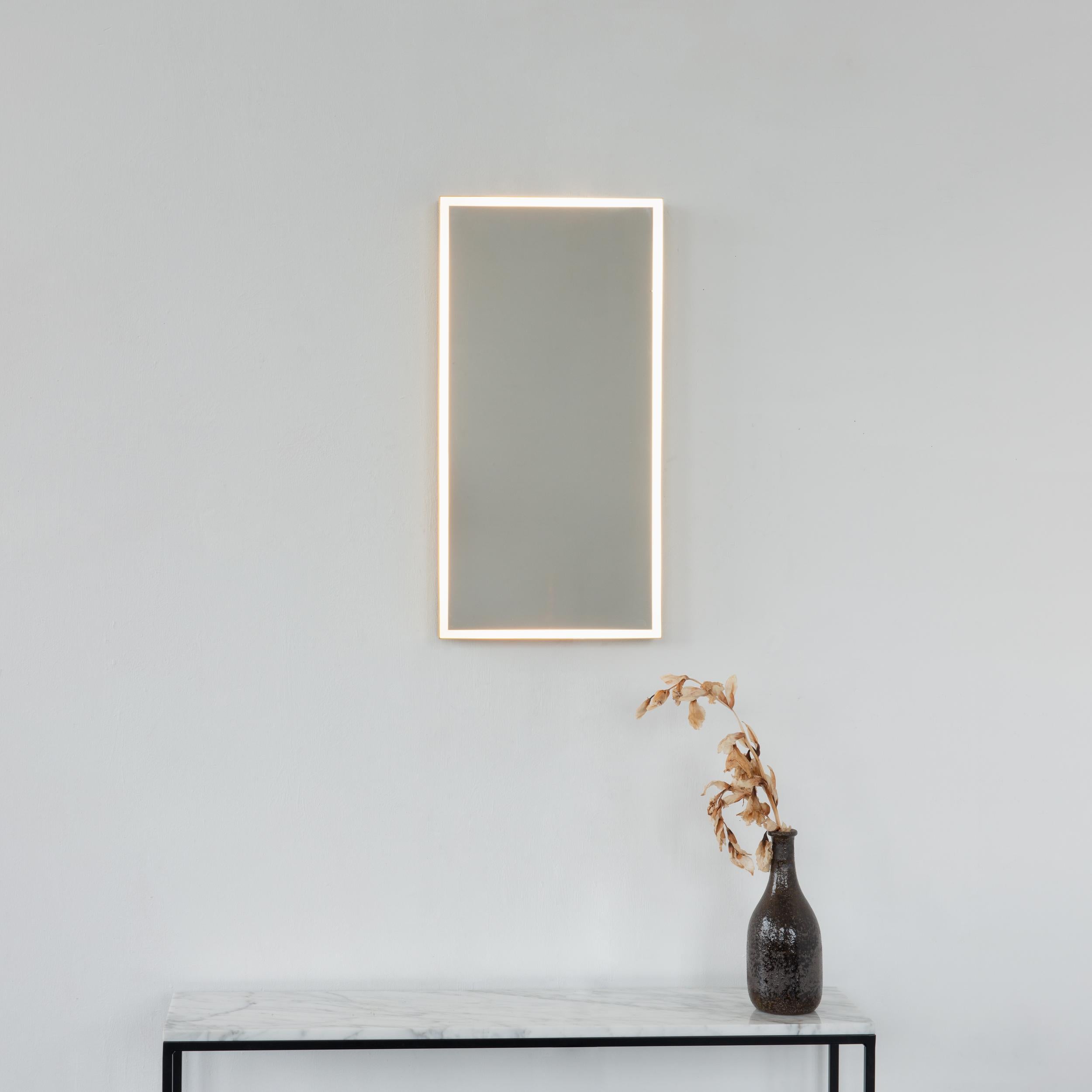 Quadris Rectangular Front Illuminated Modern Mirror with a Brass Frame, Small In New Condition For Sale In London, GB
