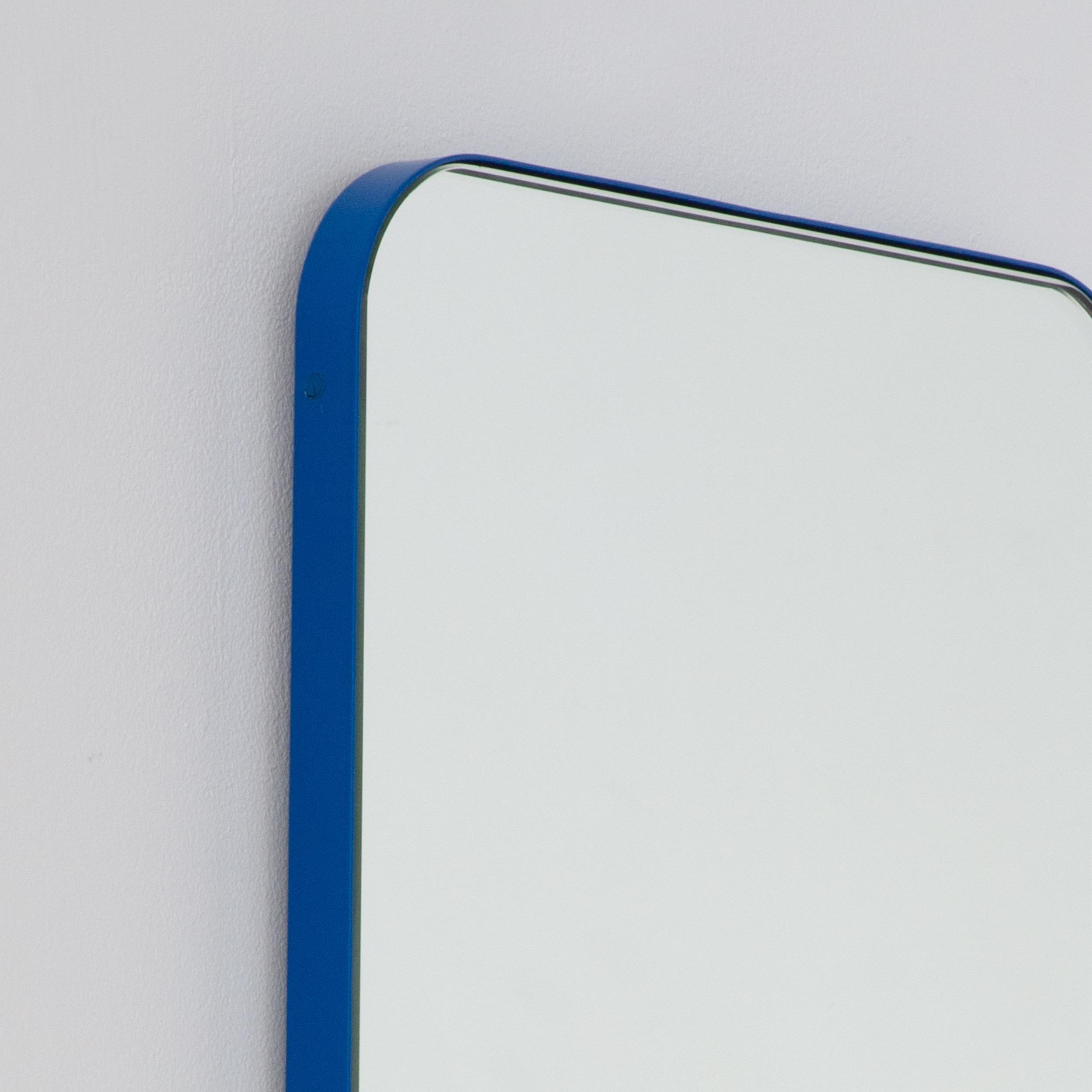 British Quadris Rectangular Minimalist Mirror with a Blue Frame, Large For Sale