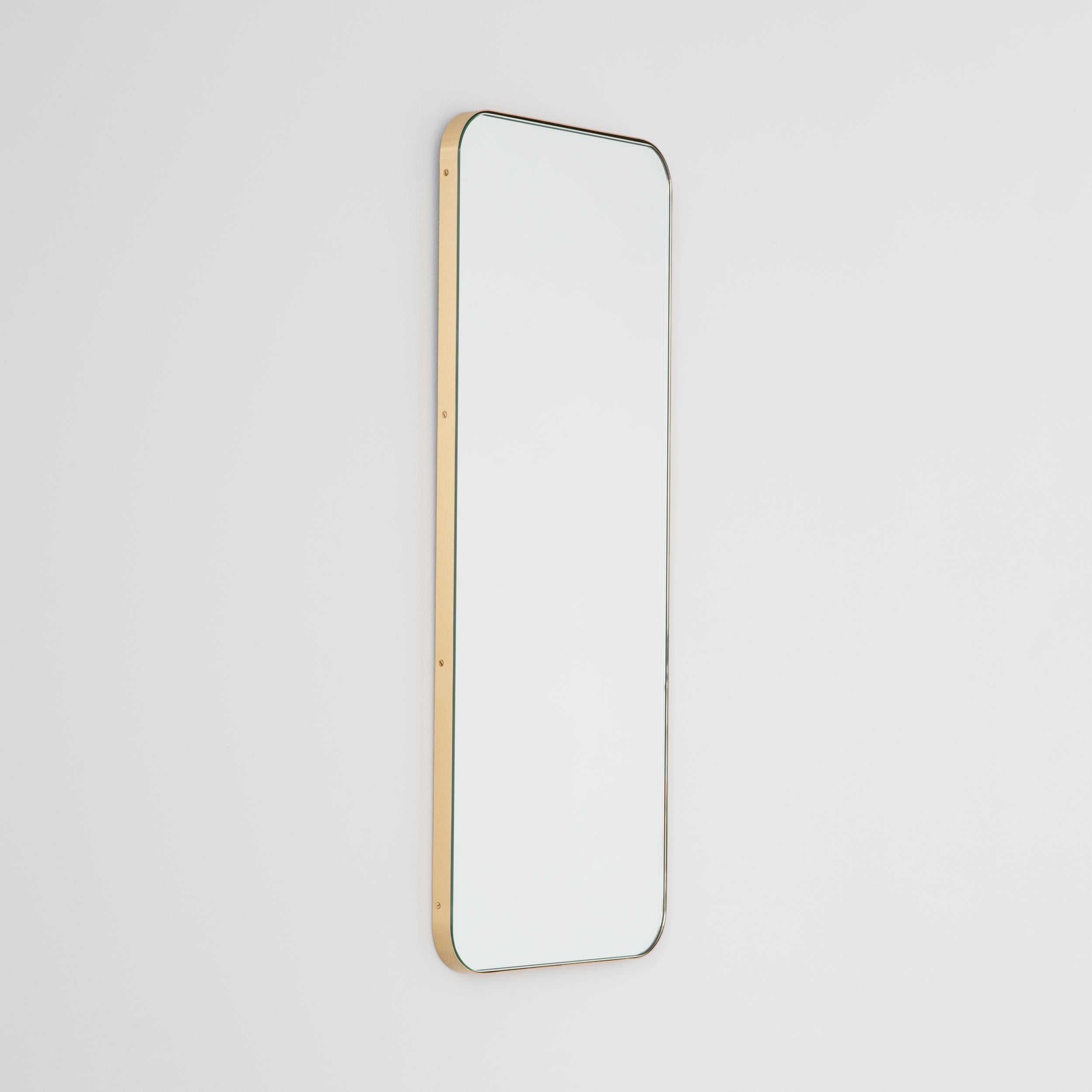 British Quadris Rectangular Minimalist Mirror with a Brass Frame, Small For Sale
