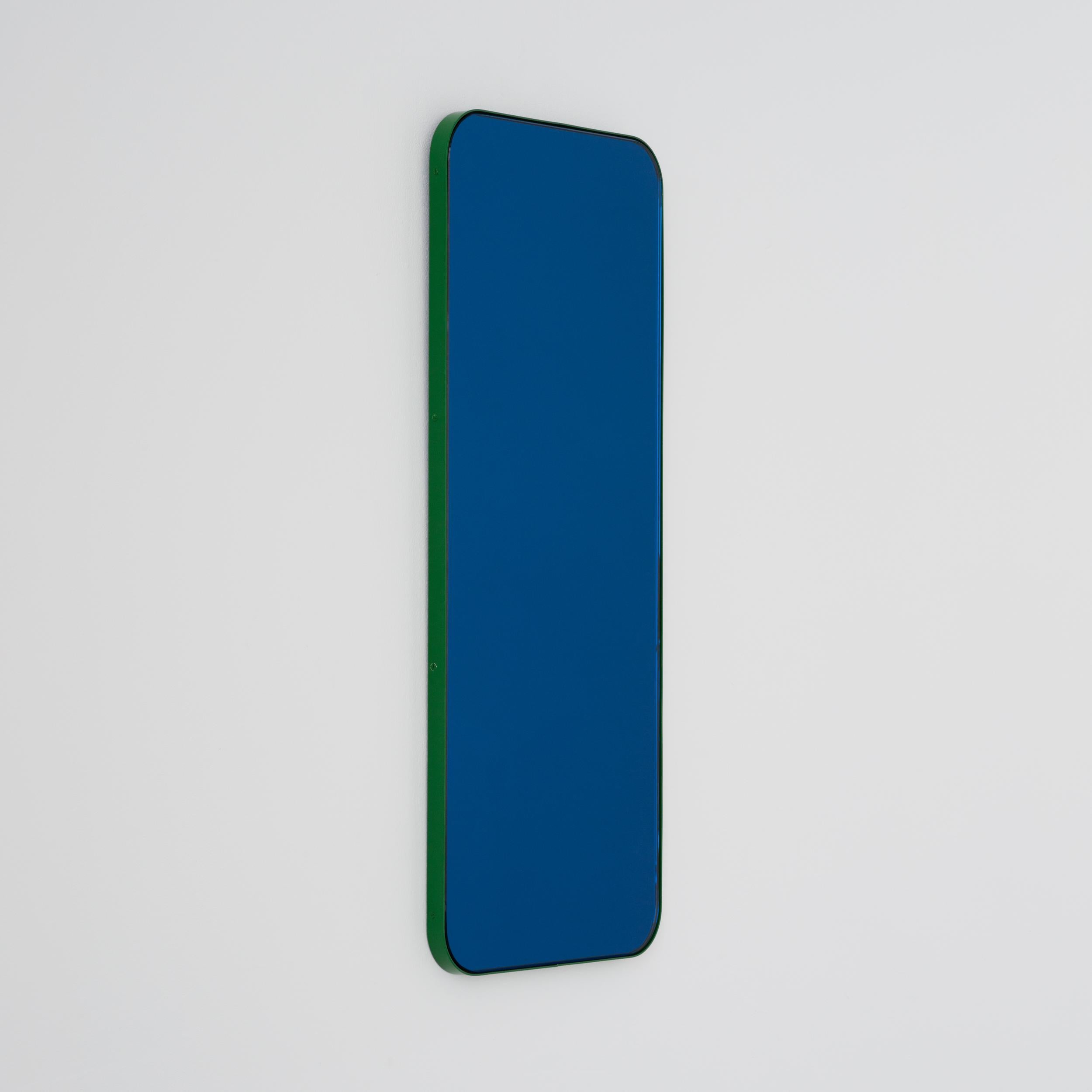 British Quadris Rectangular Modern Blue Mirror with a Green Frame, Small For Sale