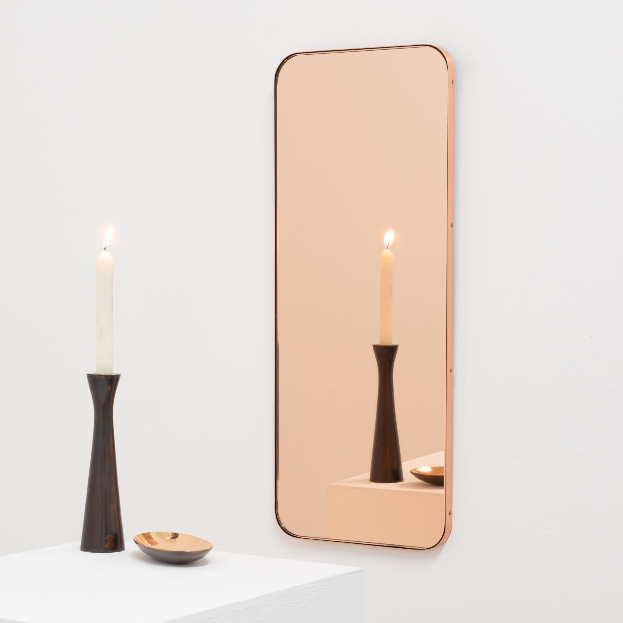 Brushed In Stock Quadris Rectangular Rose Gold Mirror, Copper Frame, Small For Sale