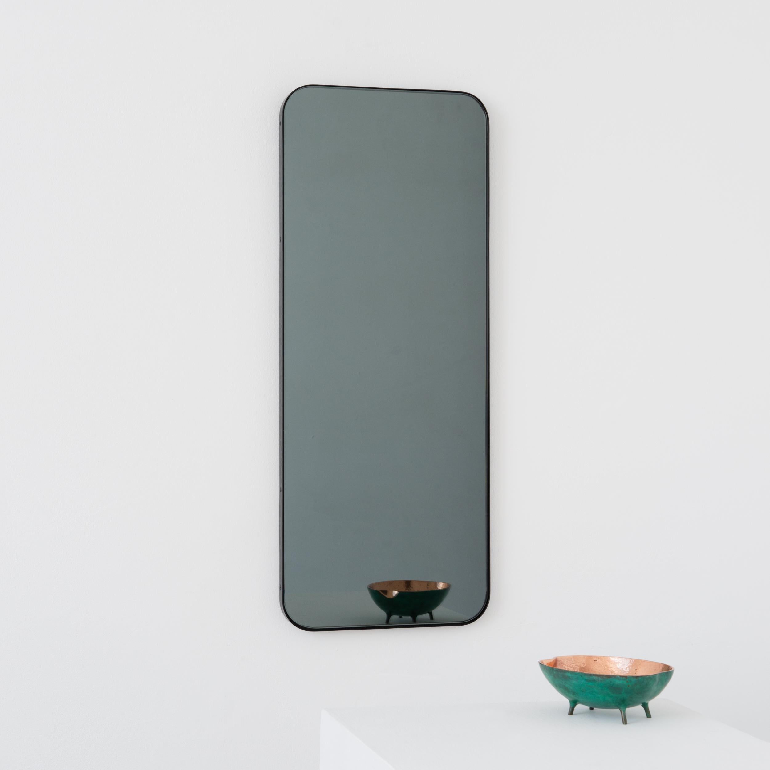 Powder-Coated Quadris Black Tinted Rectangular Modern Mirror with a Black Frame, Small For Sale