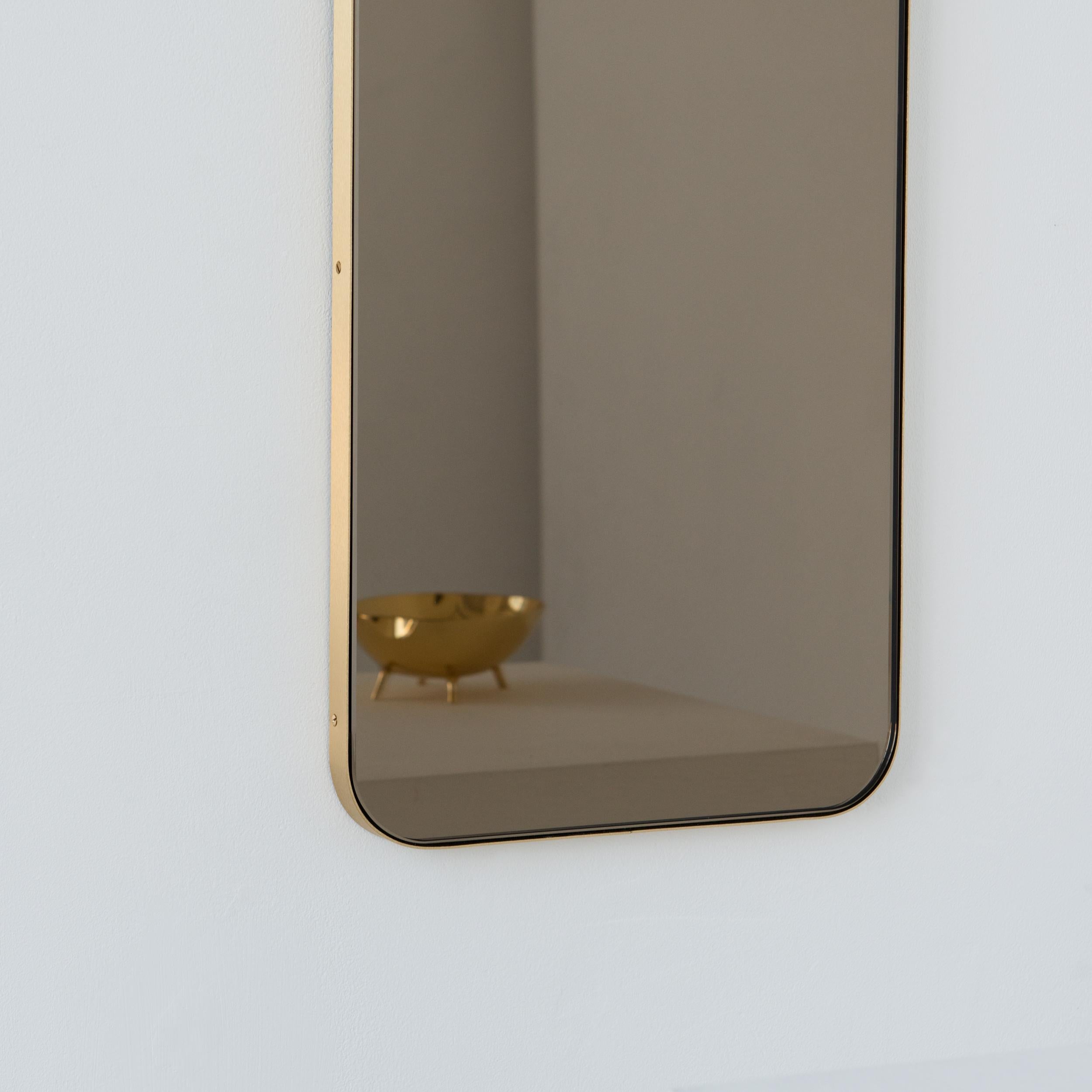 British Quadris Bronze Tinted Rectangular Contemporary Mirror with a Brass Frame, Large For Sale