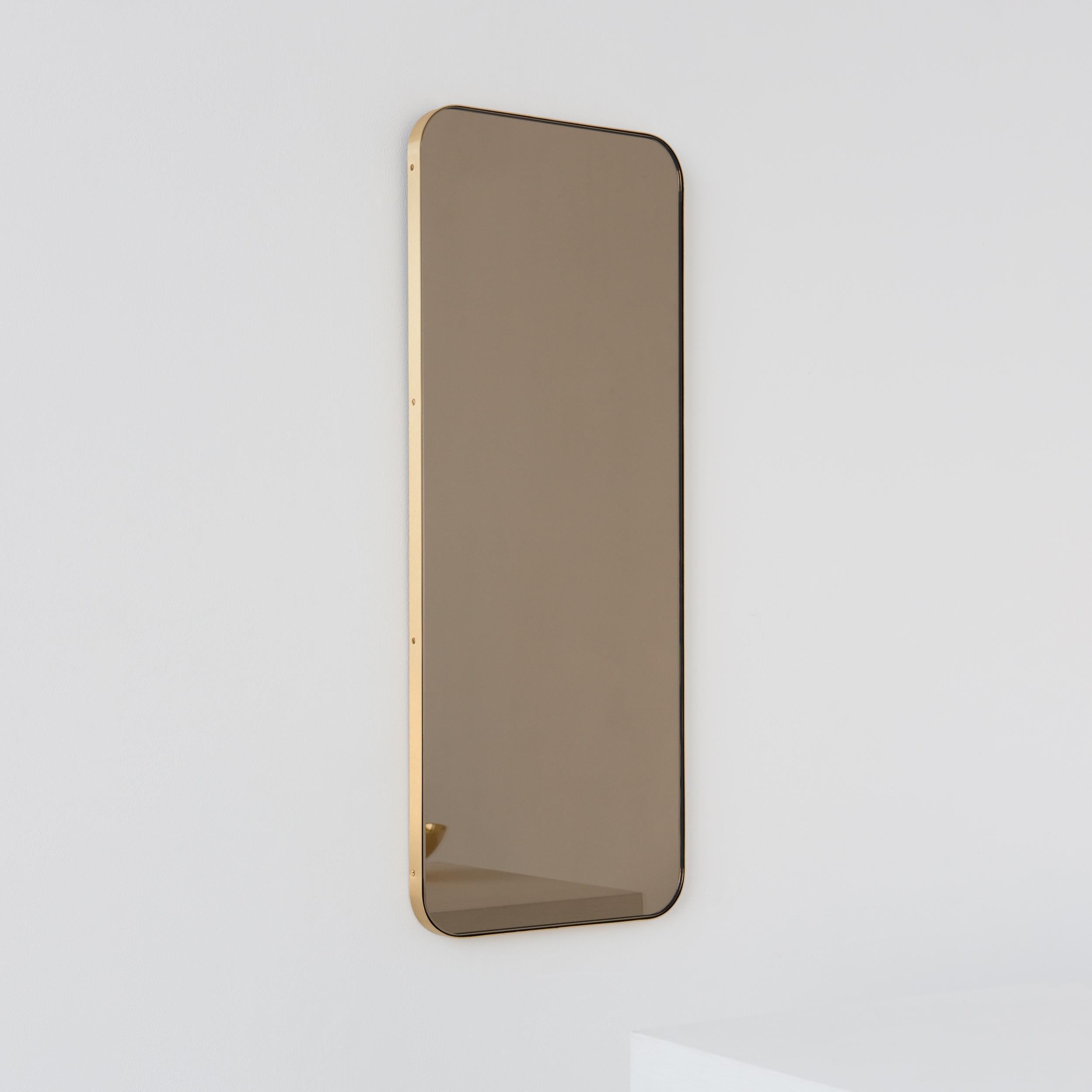 Brushed Quadris Bronze Tinted Rectangular Contemporary Mirror with a Brass Frame, Large For Sale