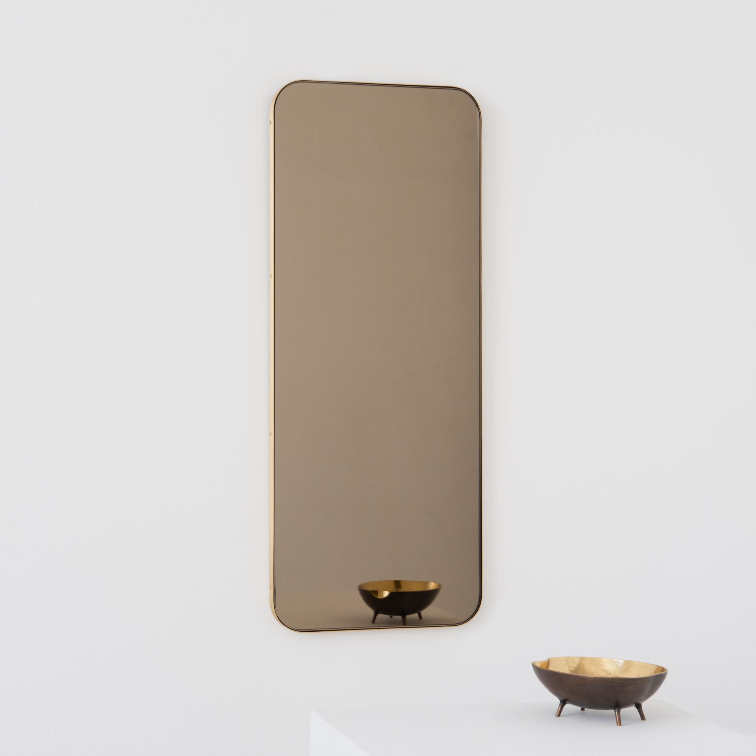 Brushed Quadris Bronze Tinted Rectangular Modern Mirror with Brass Frame, XL For Sale