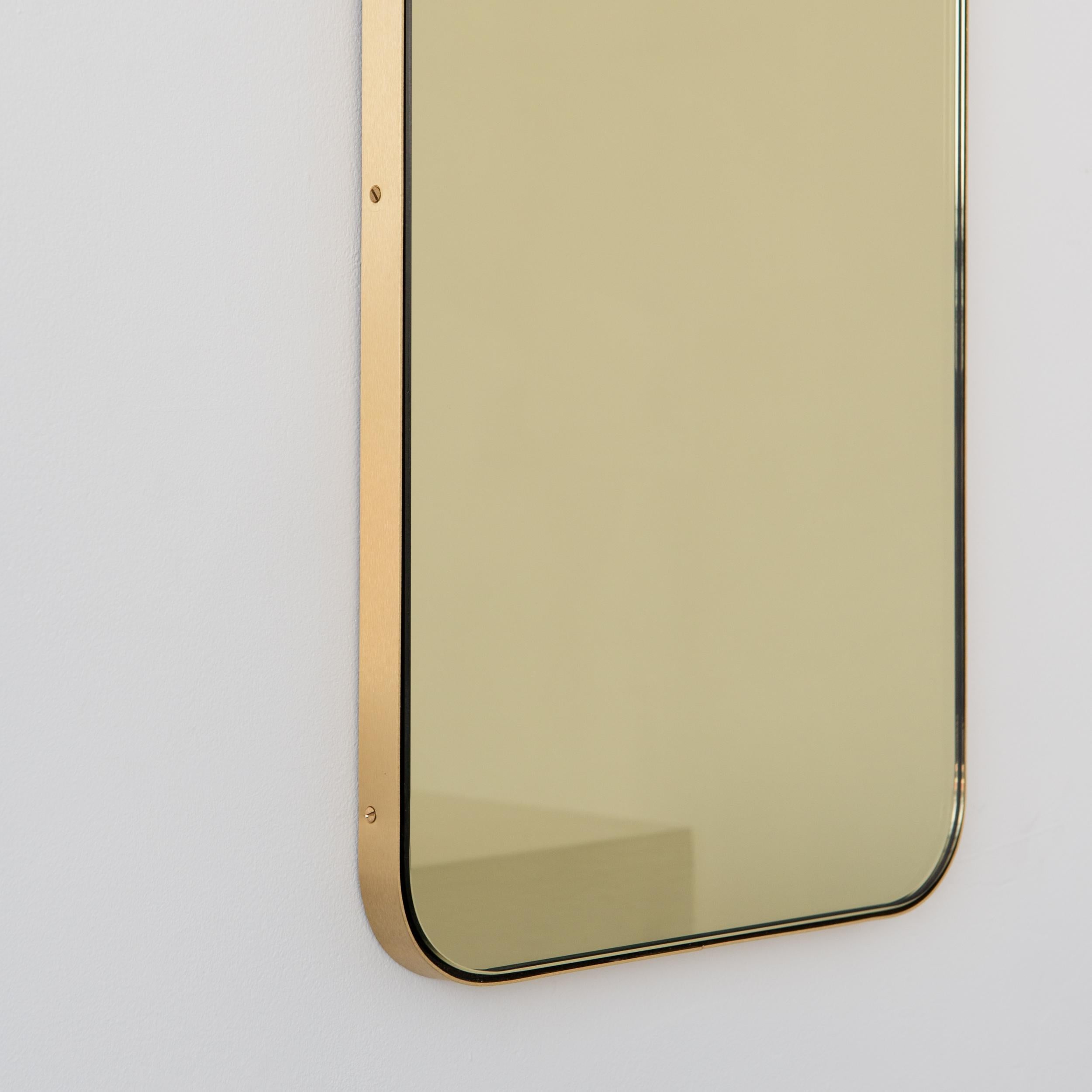 Brushed Quadris Gold Tinted Rectangular Modern Mirror with a Brass Frame, Large For Sale
