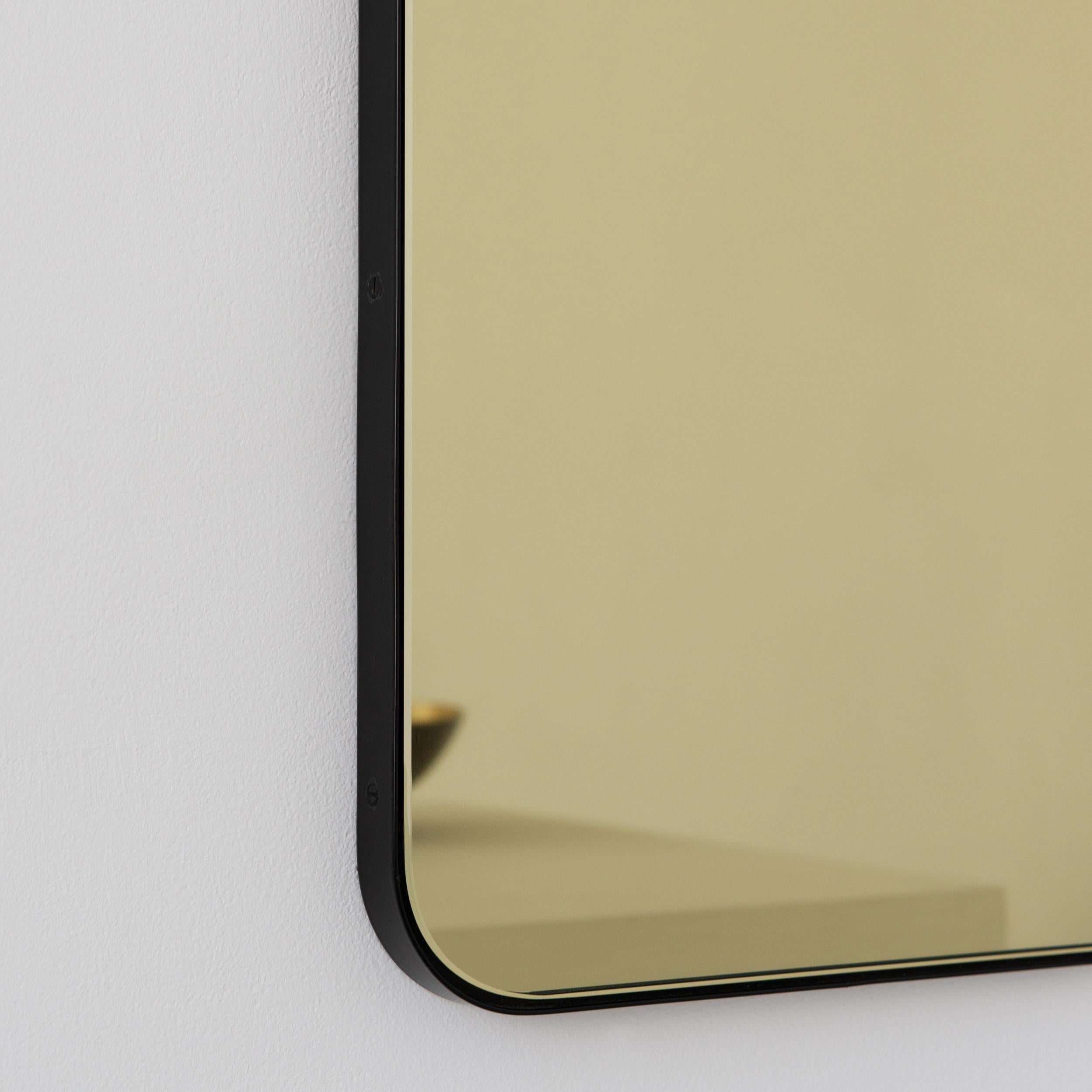 British Quadris Gold Tinted Rectangular Contemporary Mirror with a Black Frame, Small For Sale
