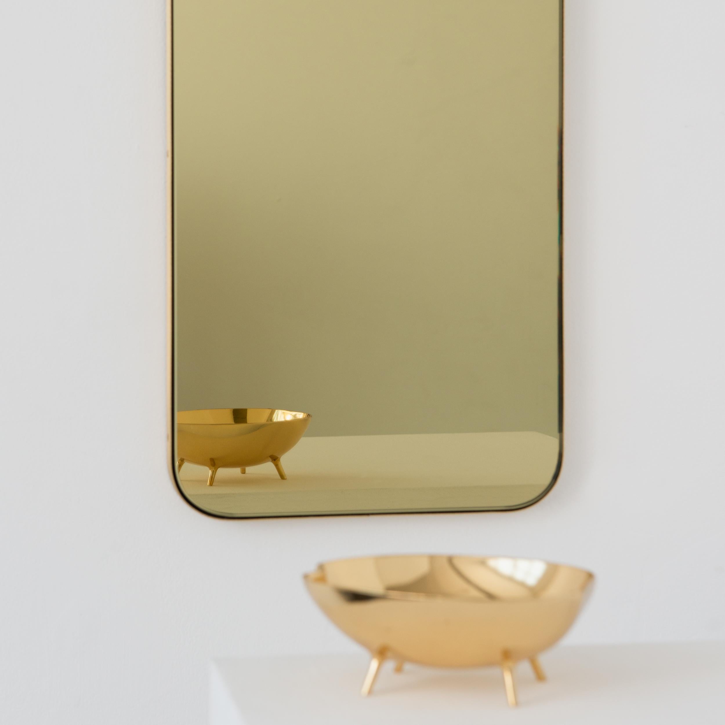 Brushed Quadris Gold Tinted Rectangular Contemporary Mirror with a Brass Frame, Small For Sale