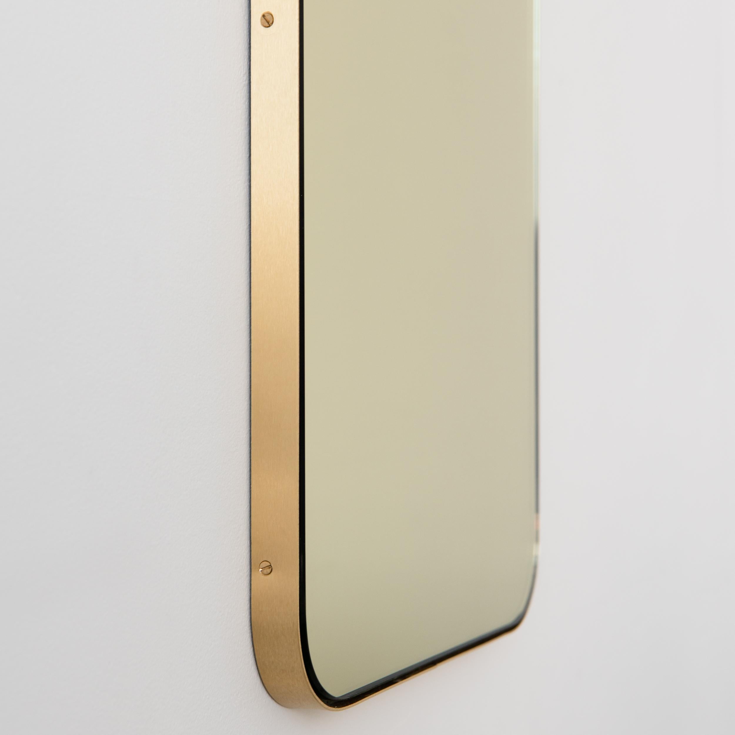 Quadris Gold Tinted Rectangular Contemporary Mirror with a Brass Frame, Small For Sale 1