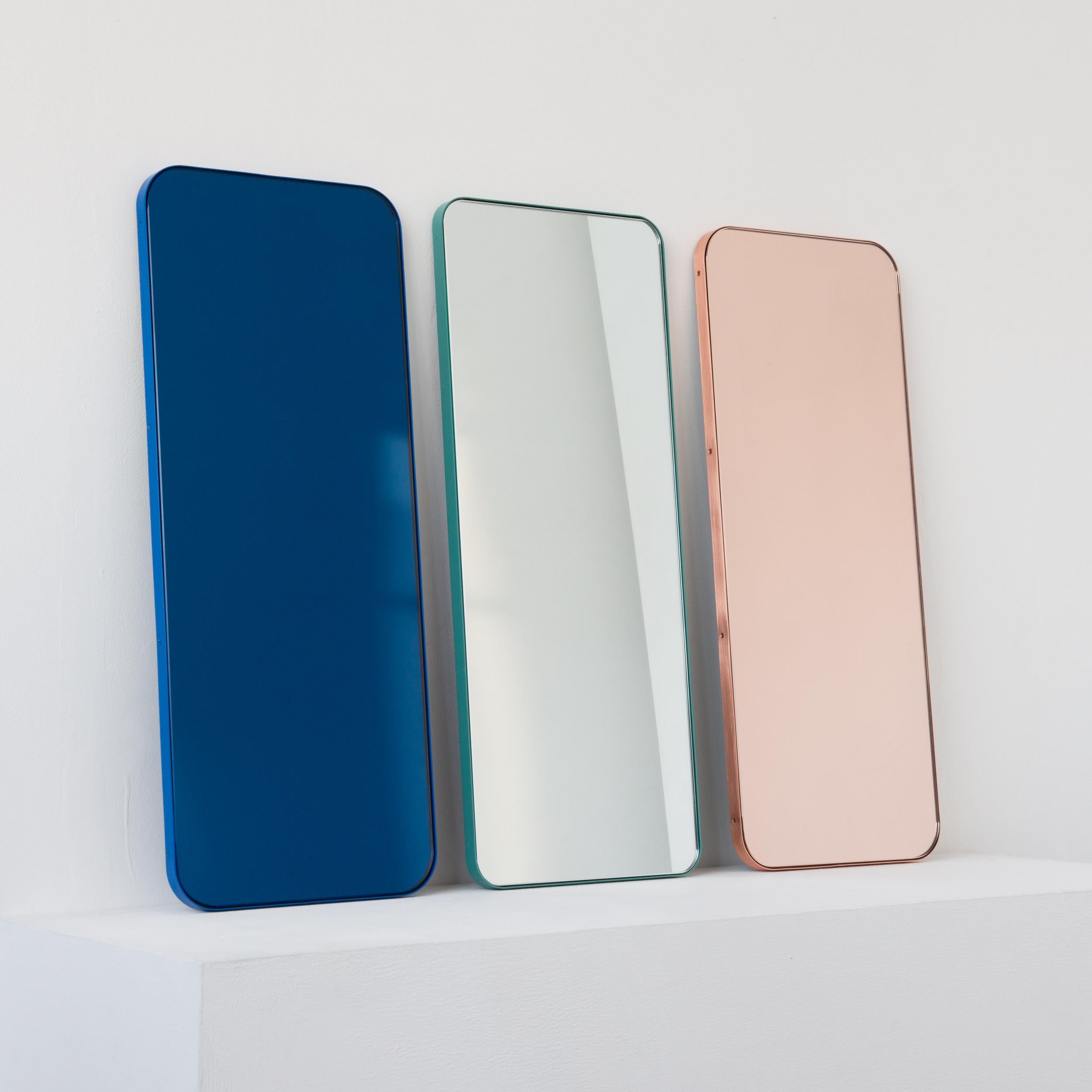 Quadris Rectangular Contemporary Blue Mirror with a Green Frame, Medium For Sale 4