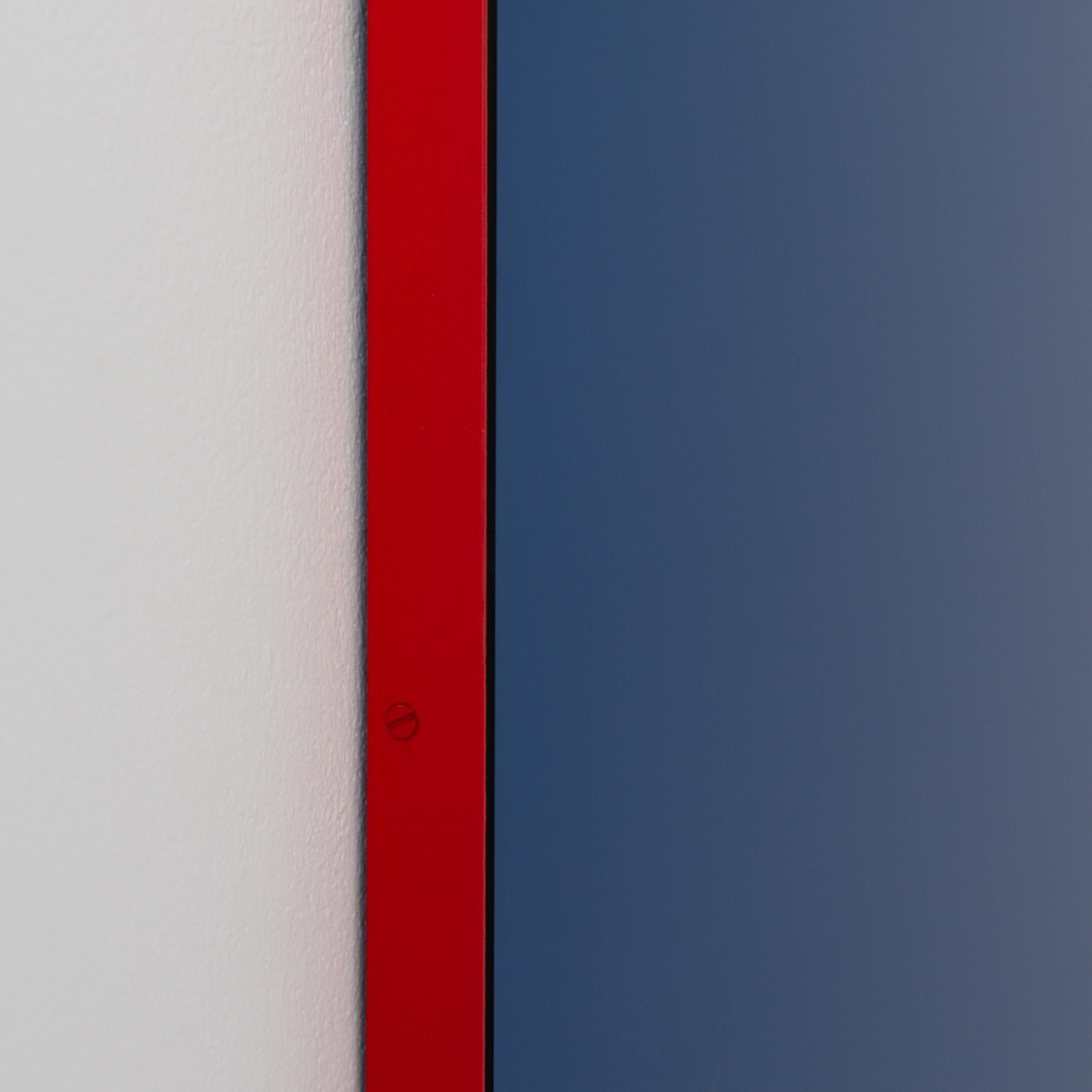 Powder-Coated Quadris Rectangular Contemporary Blue Mirror with a Red Frame, Small