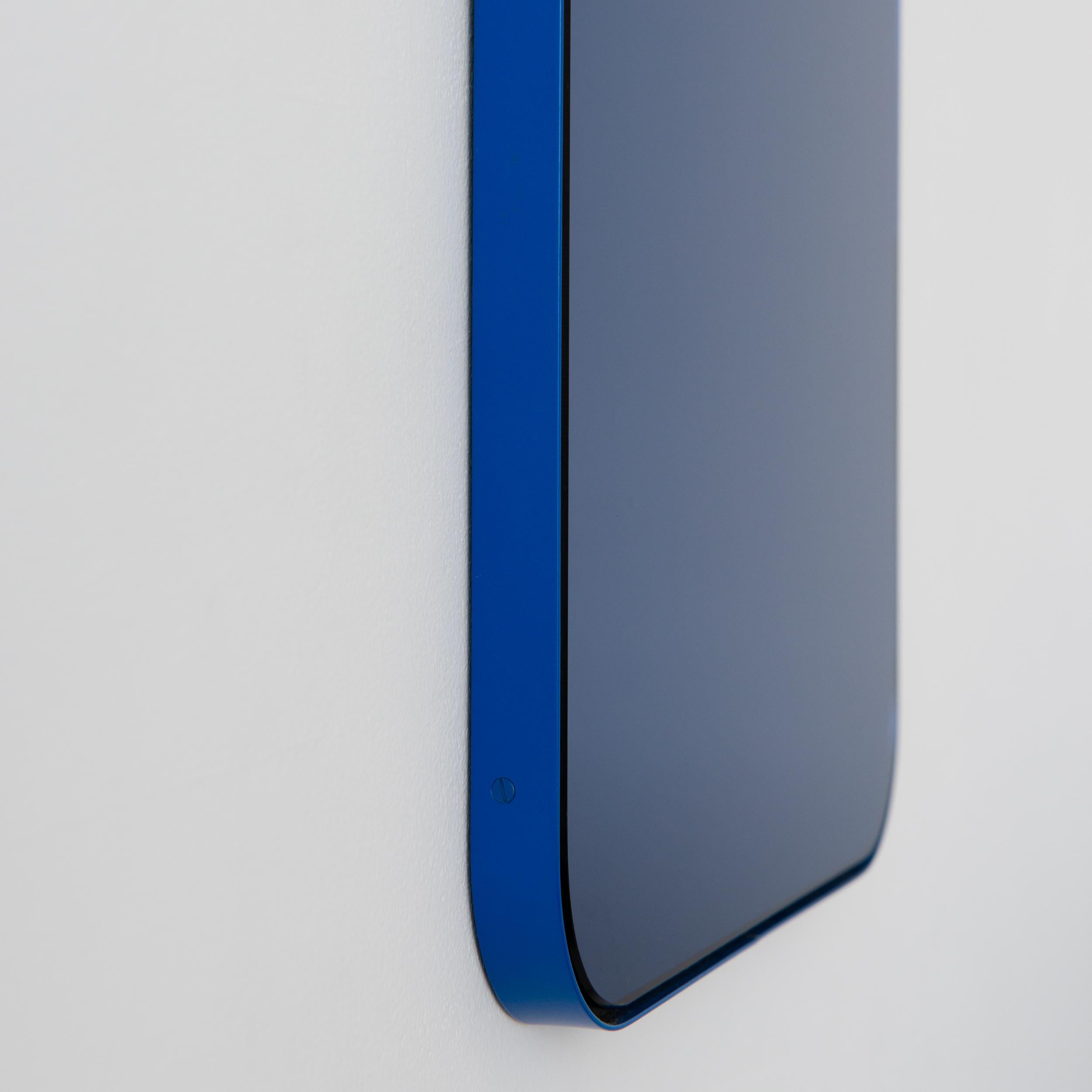 British Quadris Rectangular Contemporary Blue Tinted Mirror with a Blue Frame, Large For Sale