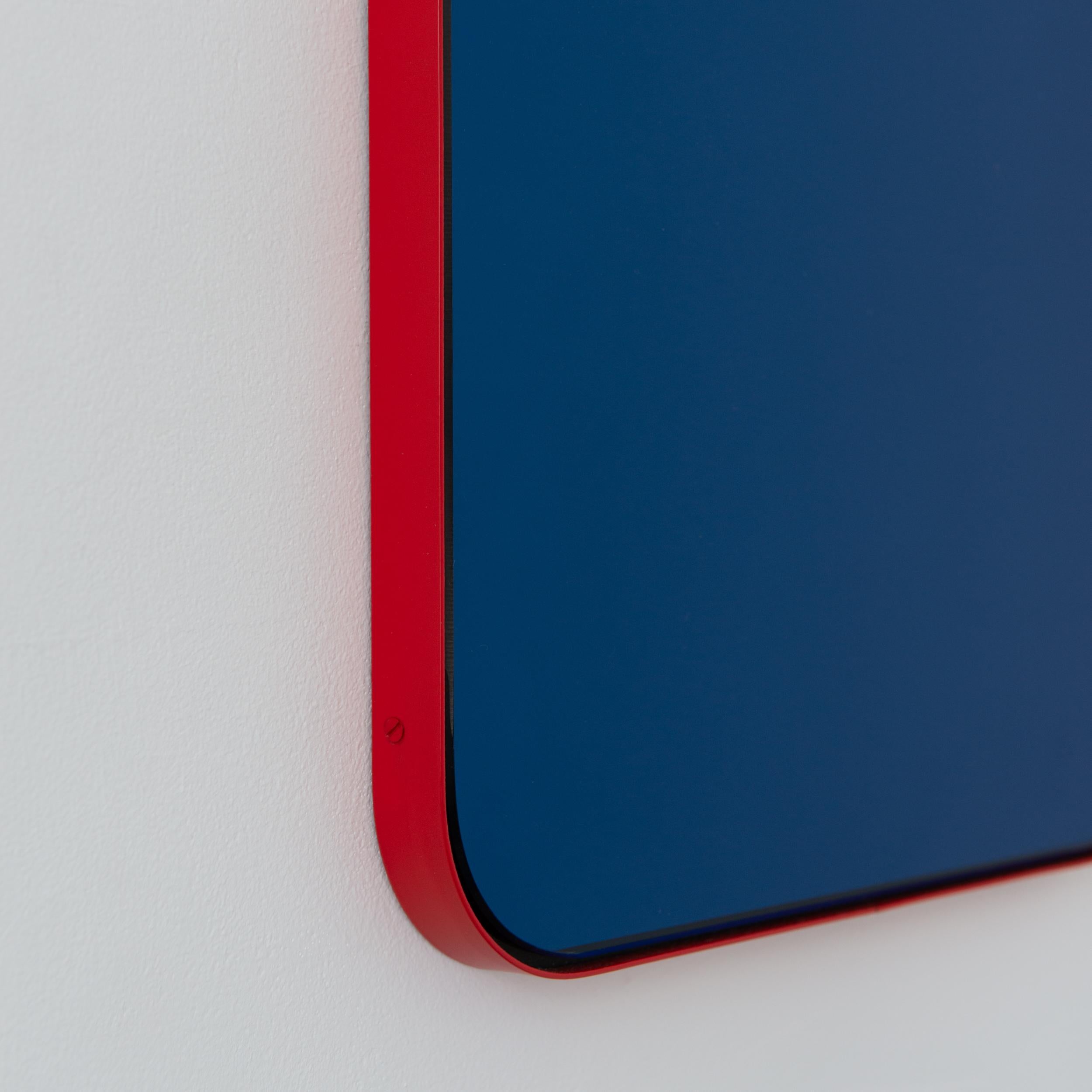 British Quadris Rectangular Blue Mirror with a Modern Red Frame, Medium For Sale