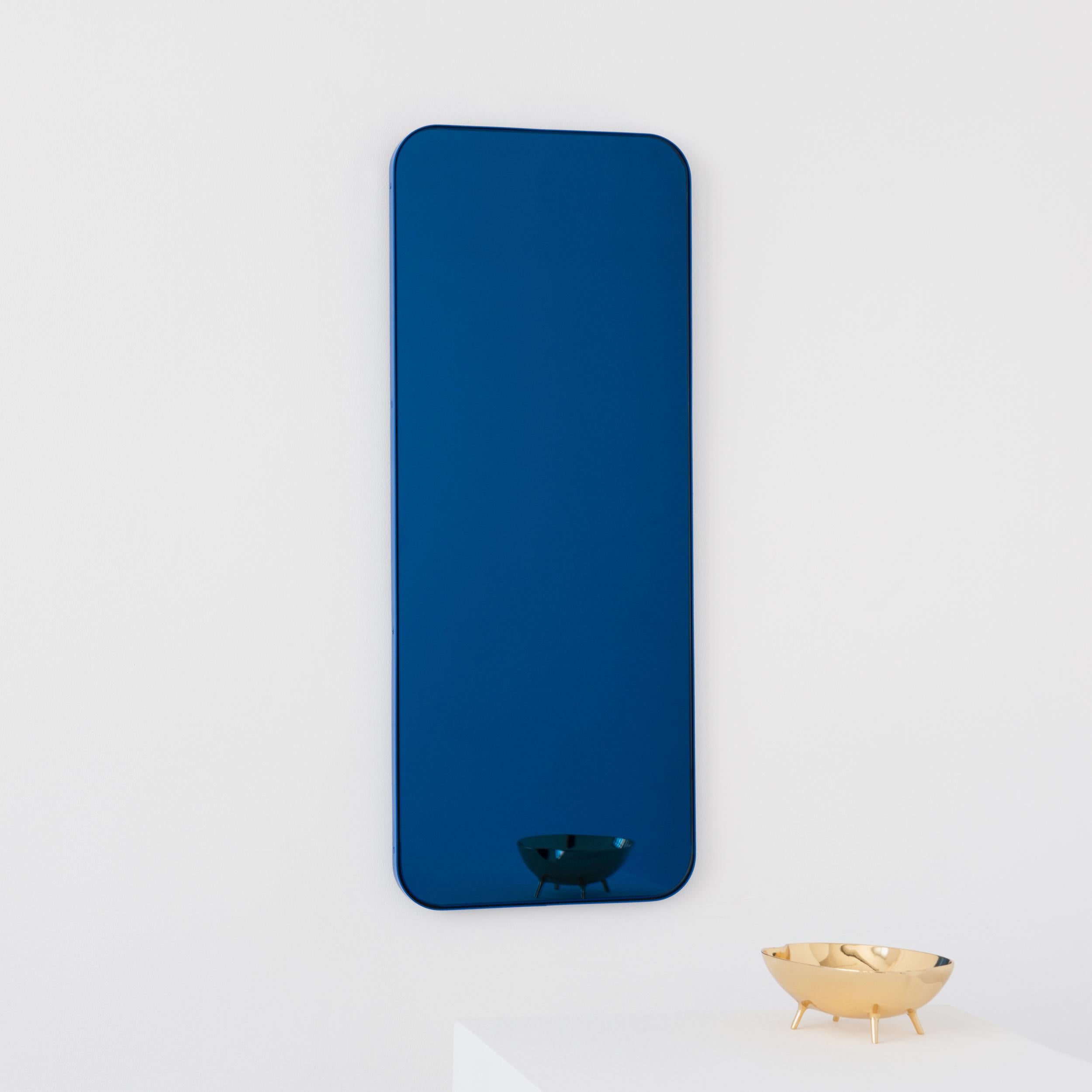 Powder-Coated Quadris Rectangular Blue Tinted Mirror with a Blue Frame, Medium For Sale
