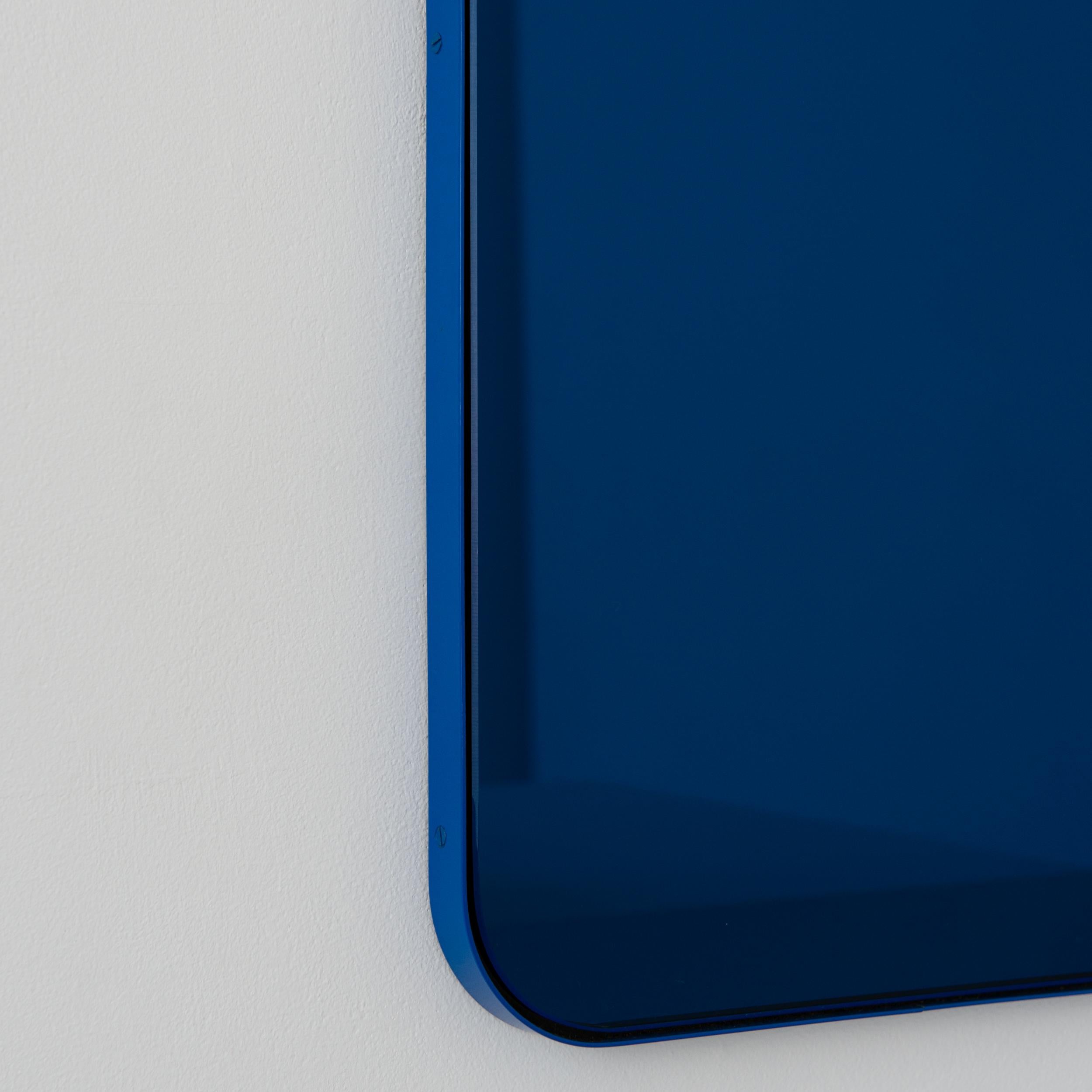 Contemporary Quadris Rectangular Blue Tinted Mirror with a Blue Frame, Medium For Sale