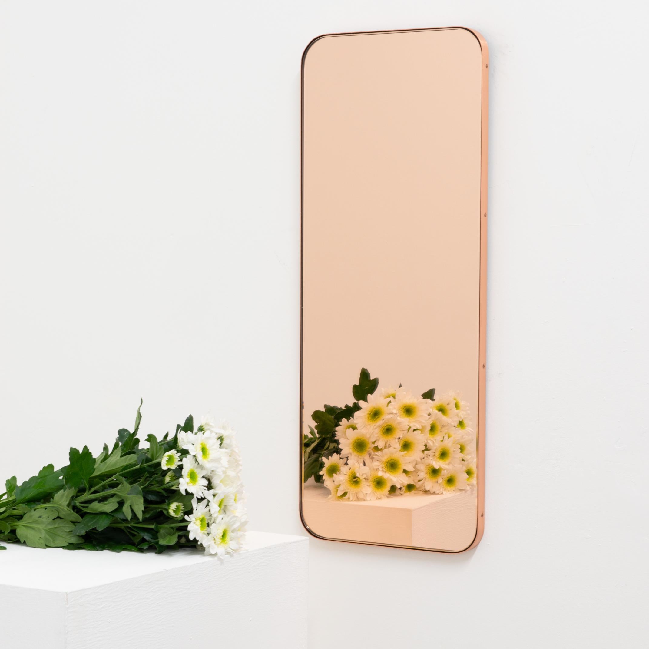 British Quadris Rectangular Rose Gold Contemporary Mirror with a Copper Frame, Small For Sale