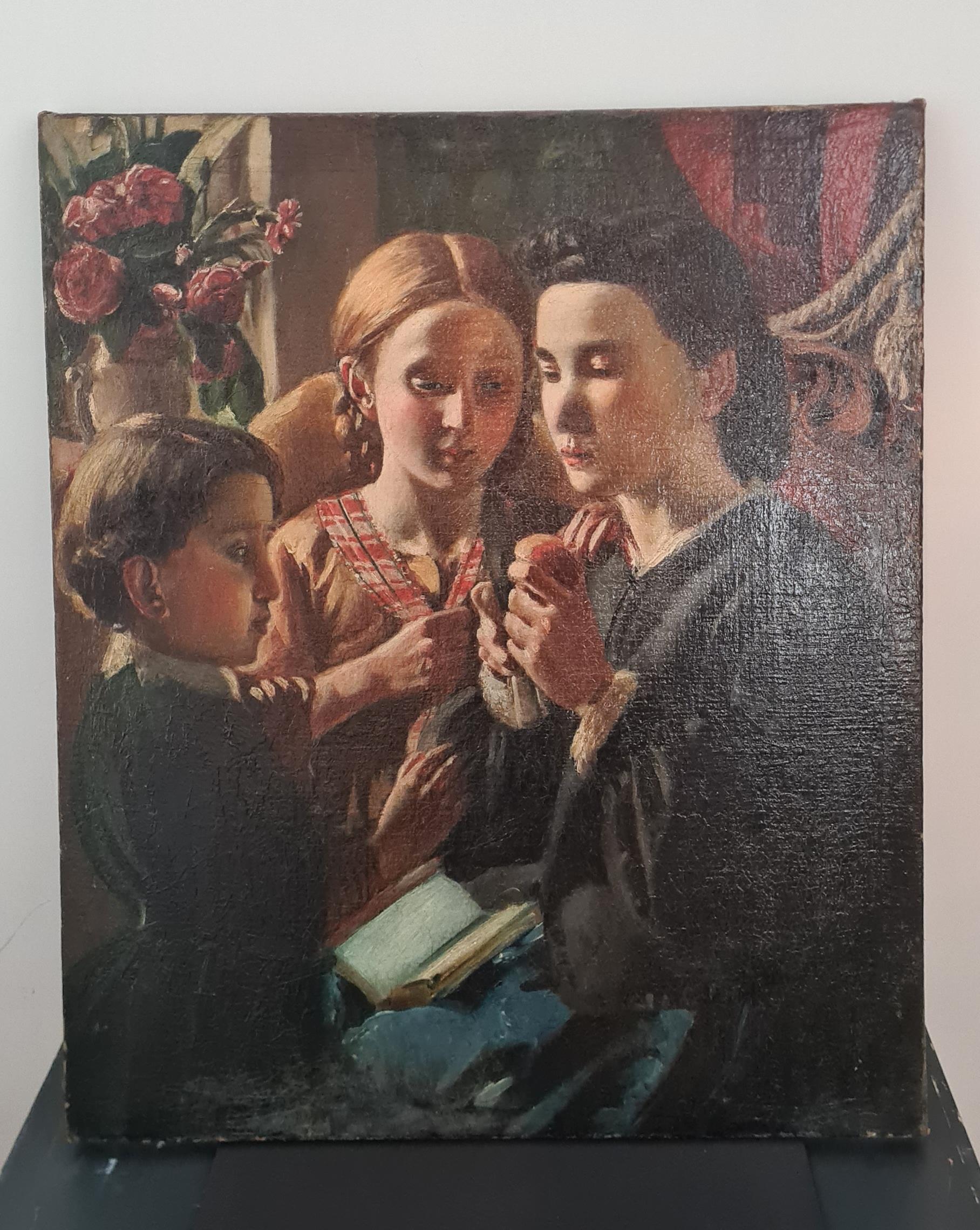 Art deco genre scene painting.

Art deco-style genre scene depicting in the foreground a woman probably a guardian a intent on cutting an apple to give to a typical child of the 1920s/30s.

Behind the two characters in the foreground is a young