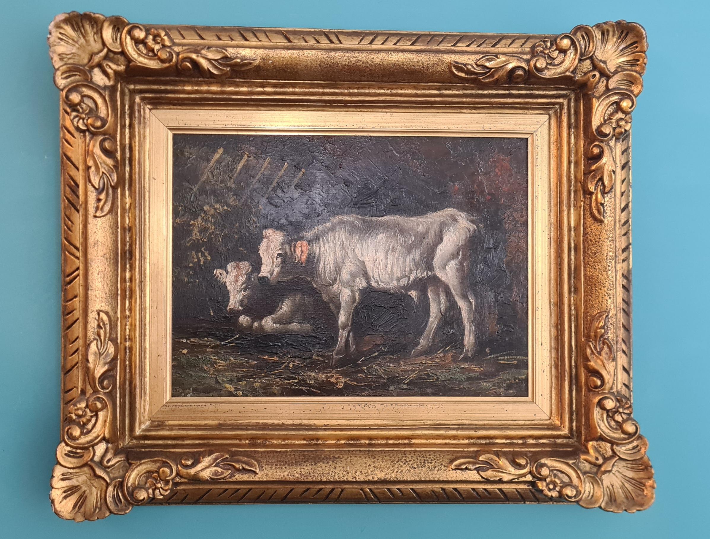 Oil painting on canvas depicting rural scene.

Rural scene depicting two white-coated cows one of which is lying down and the other standing surrounded by dark nature.

The painting is unsigned but can be placed, by the type of painting, in the