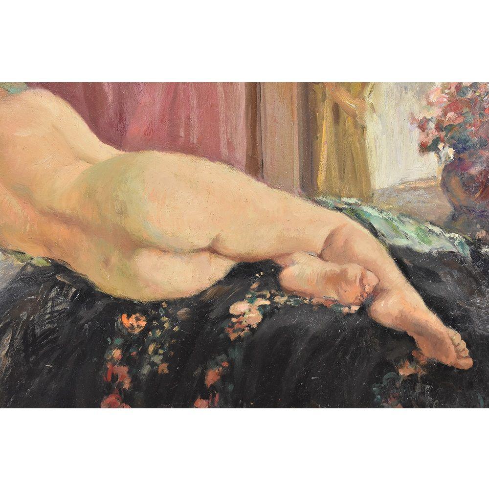 Art Déco Quadro Antico Art Deco, Nudo Di Donna Stesa Di Schiena, Olio Su Tela, XX Secolo. in vendita