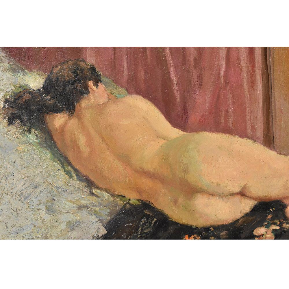 French Quadro Antico Art Deco, Nudo Di Donna Stesa Di Schiena, Olio Su Tela, XX Secolo. in vendita