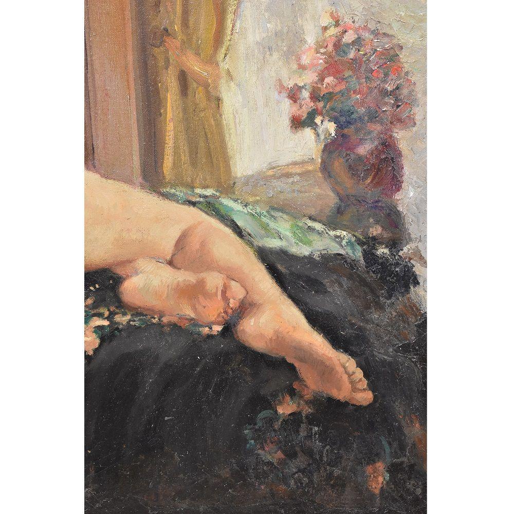 Quadro Antico Art Deco, Nudo Di Donna Stesa Di Schiena, Olio Su Tela, XX Secolo. In condizioni buone in vendita a Breganze, VI