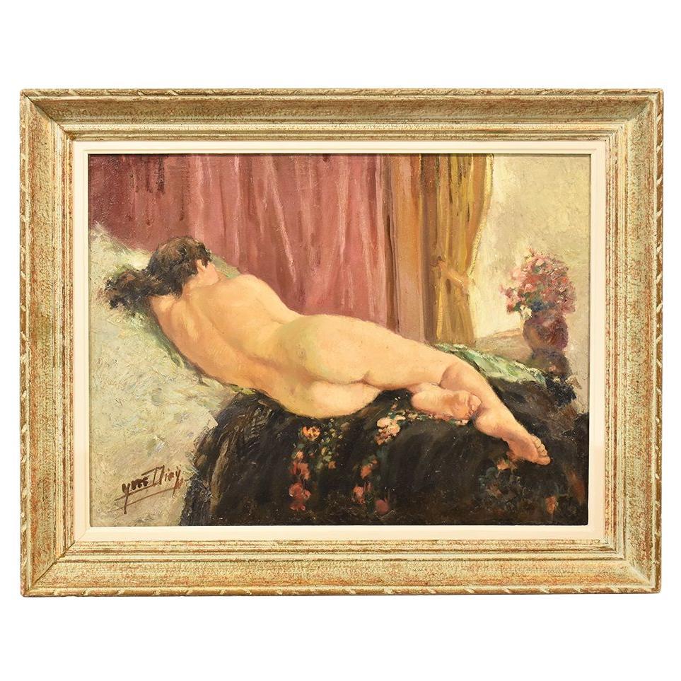 Antiguo cuadro Art Decó, Desnudo de mujer tumbada boca arriba, Óleo sobre lienzo, Siglo XX.