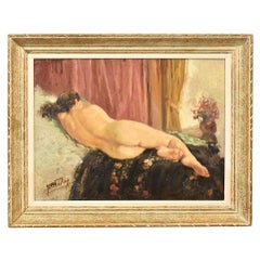 Quadro Antico Art Deco, Nudo Di Donna Stesa Di Schiena, Olio Su Tela, XX Secolo.