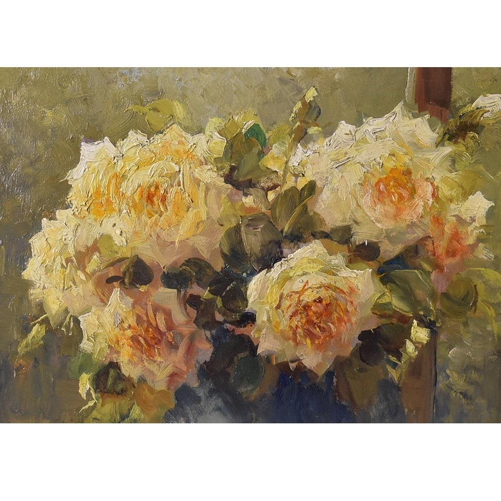 Belgian Quadro Antico, Fiori Di Rose Gialle, Art Deco, Olio Su Tela, Natura Morta, XX.