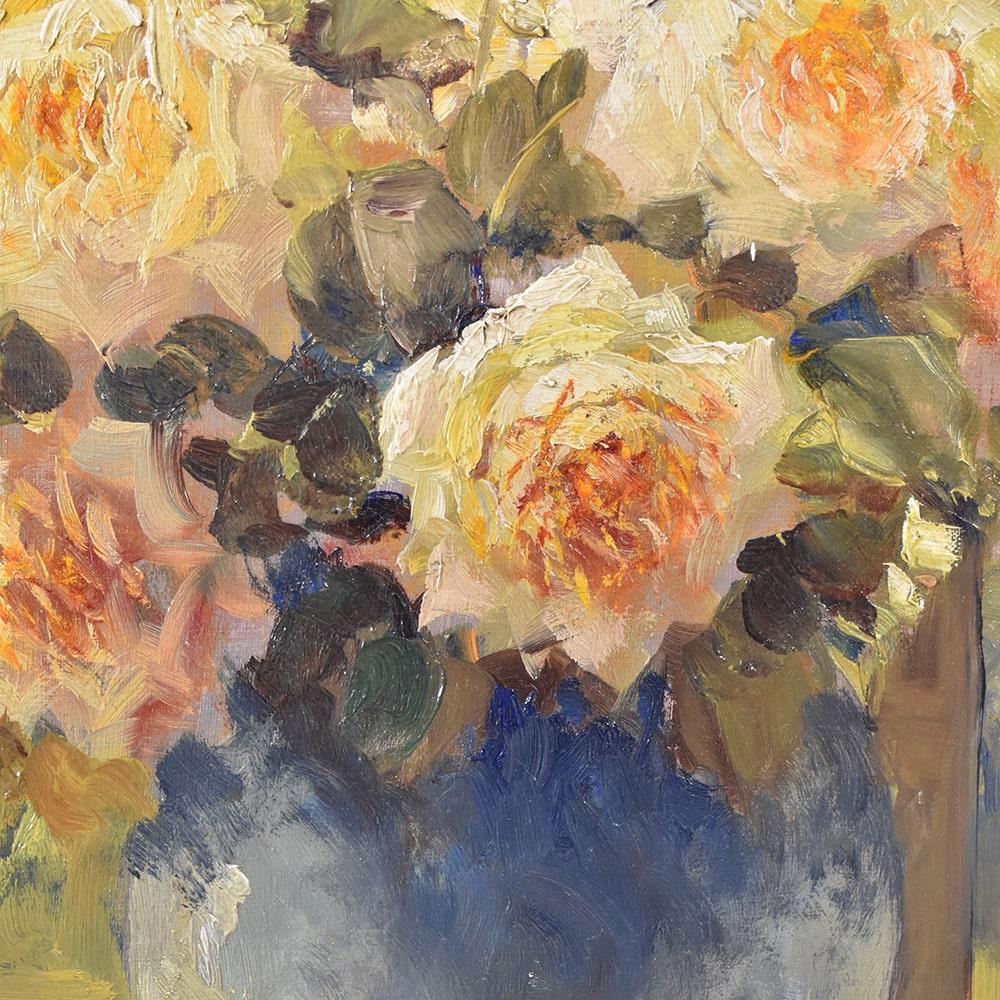 Oiled Quadro Antico, Fiori Di Rose Gialle, Art Deco, Olio Su Tela, Natura Morta, XX.