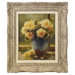 Antique Painting, Flowers Of Yellow Roses, Art Deco, Oil On Canvas, Still Life, XX.