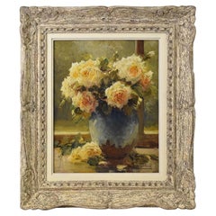 Quadro Antico, Fiori Di Rose Gialle, Art Deco, Olio Su Tela, Natura Morta, XX.