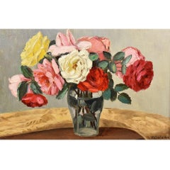 Quadro Antico, Mazzo Di Piccole Rose, Olio Su Tela Del Novecento, Art Déco.