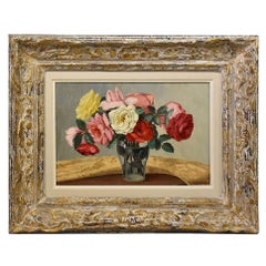 Quadro Antico, Mazzo Di Piccole Rose, Olio Su Tela Del Novecento, Art Déco.