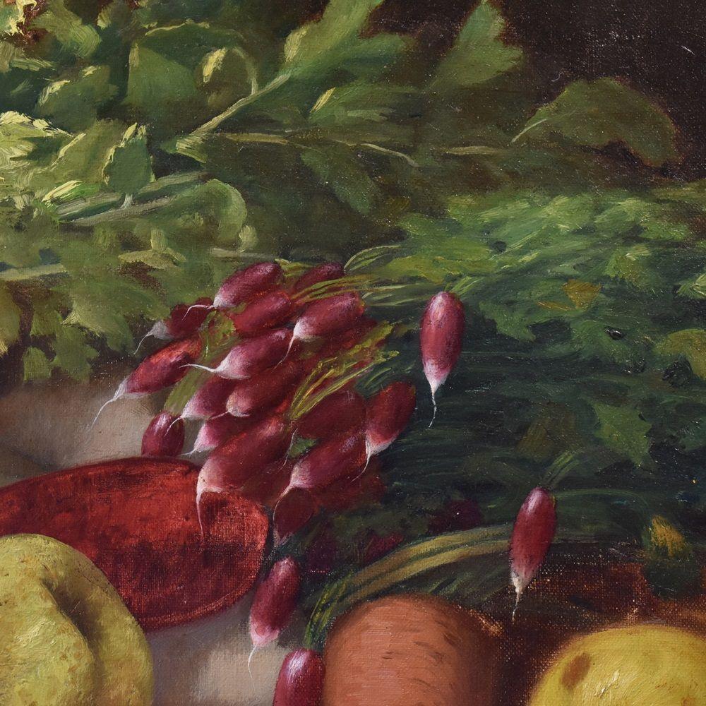 Hand-Painted Antique Still Life Painting With Fruit And Vegetables, Oil On Canvas, 19th Century Era. For Sale