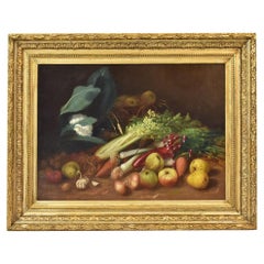 Peinture ancienne Nature morte aux fruits et légumes, huile sur toile, 19e siècle.