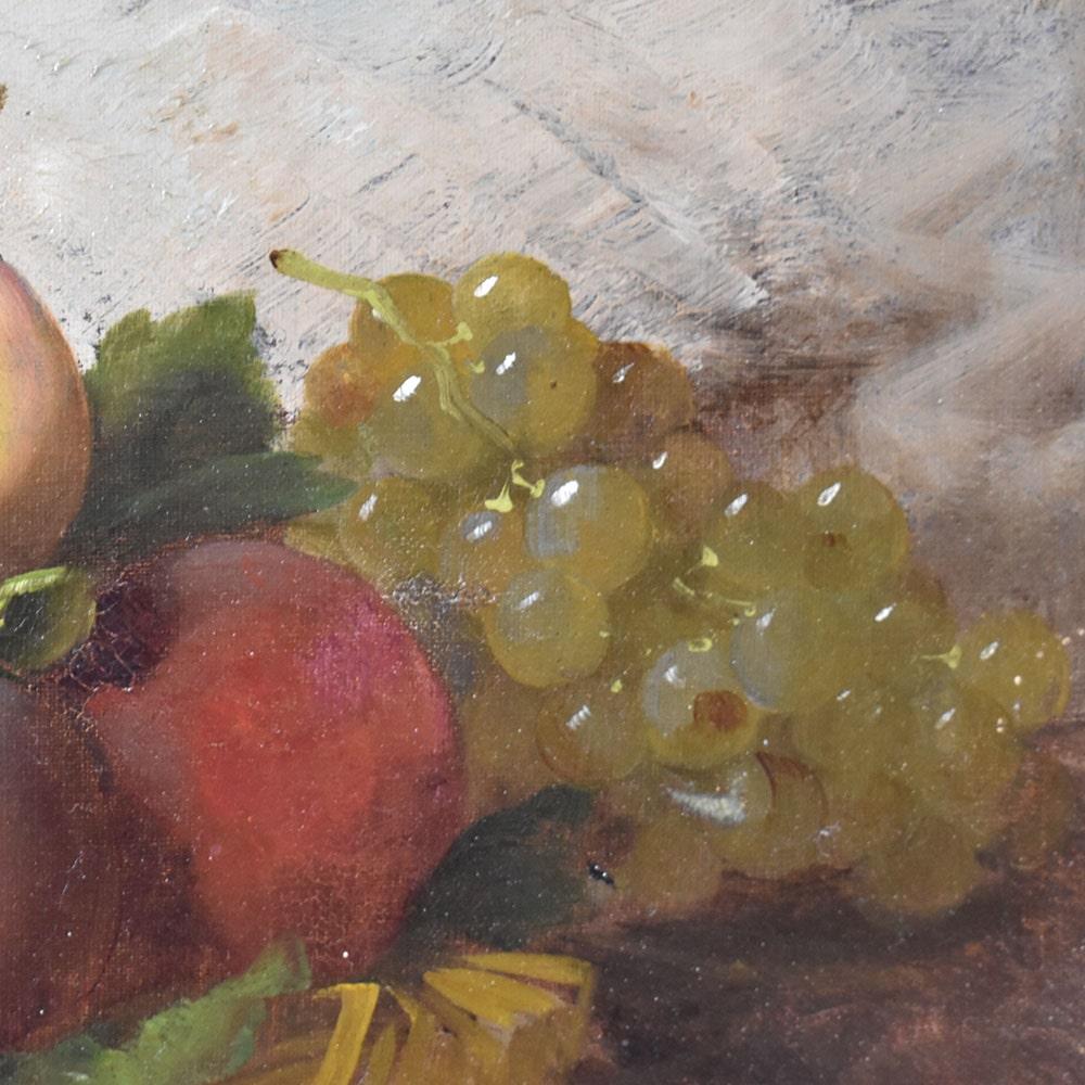 French Quadro Antico, Natura Morta Con Frutta, Uva E Pesche, Olio Su Tela, Epoca XIX .