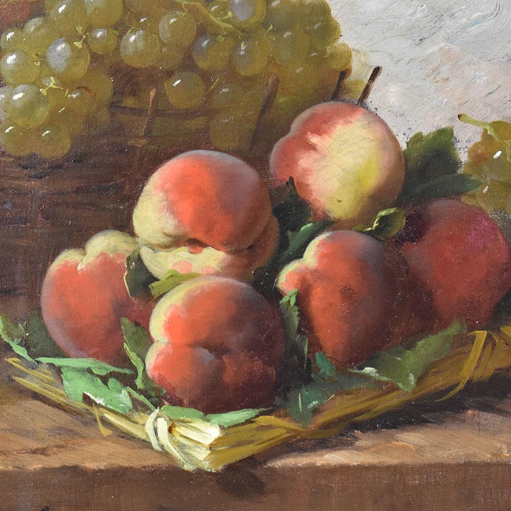 Oiled Quadro Antico, Natura Morta Con Frutta, Uva E Pesche, Olio Su Tela, Epoca XIX .