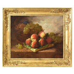 Quadro Antico, Natura Morta Con Frutta, Uva E Pesche, Olio Su Tela, Epoca XIX .