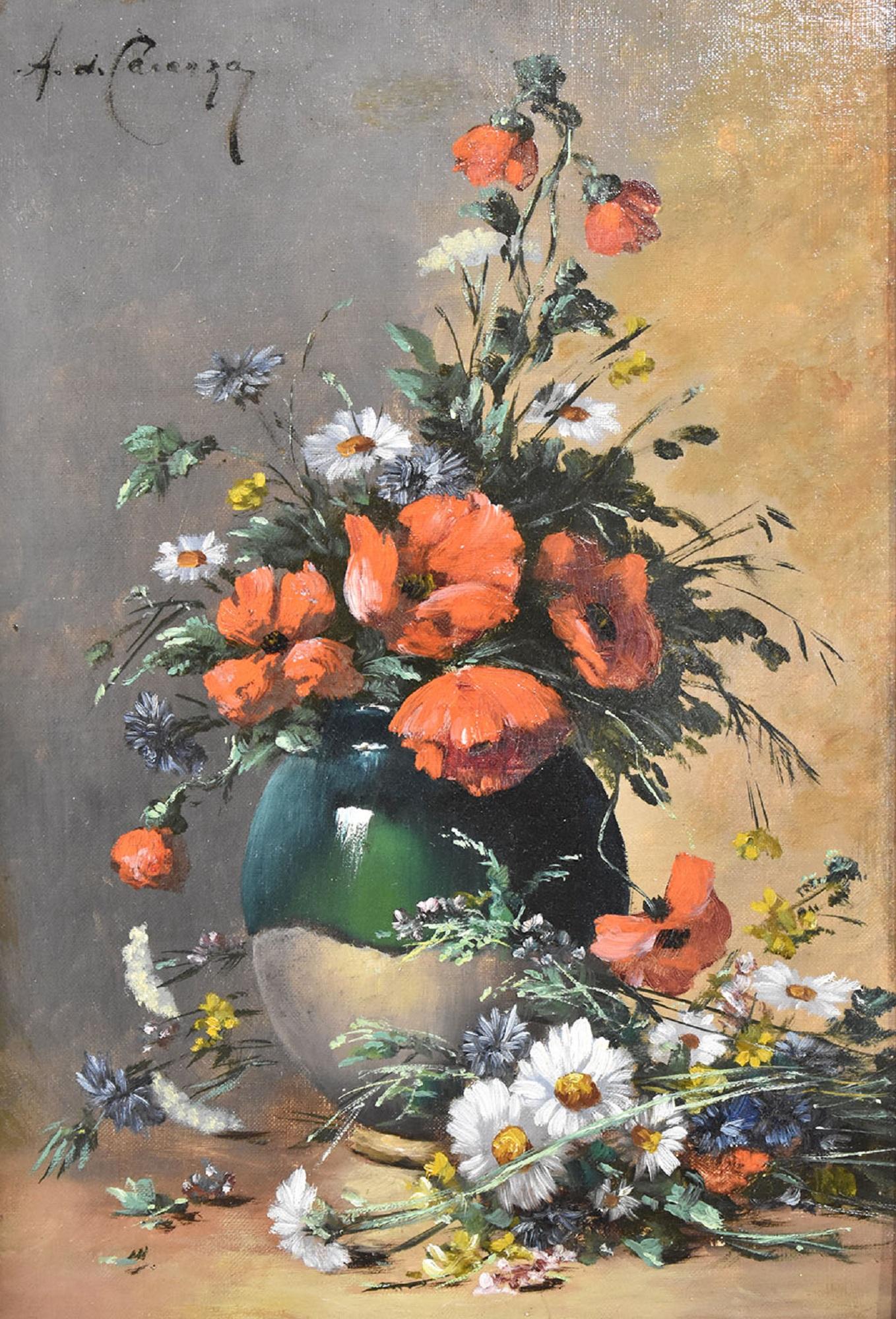 La catégorie Tableaux anciens avec fleurs, Nature Morte con Fiori, présente une peinture à l'huile sur toile du XIXe siècle,

représentant un vase de fleurs avec un bouquet de coquelicots et de marguerites avec des fleurs sauvages. 

L'œuvre est