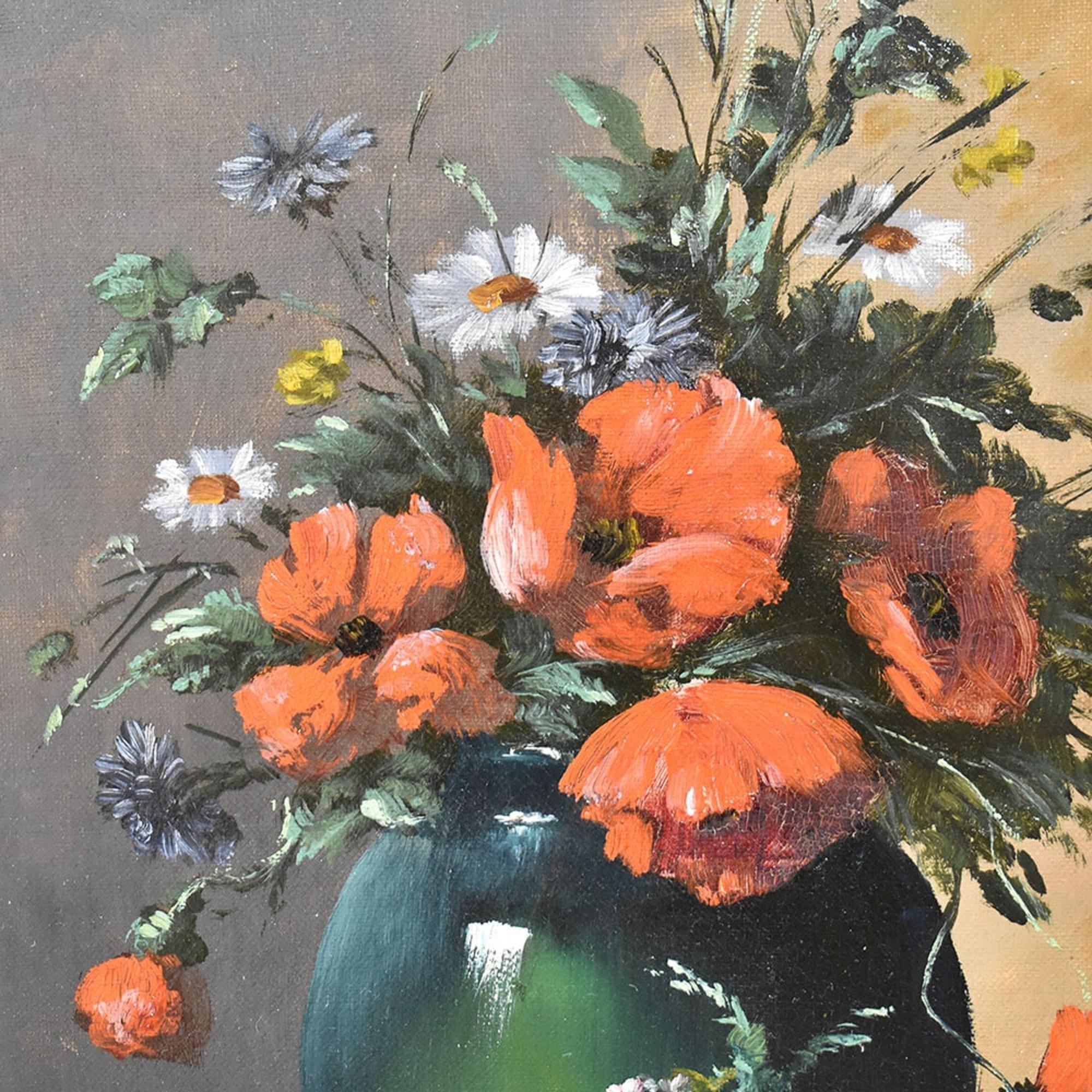 Napoléon III Peinture ancienne Nature morte de fleurs, coquelicots et marguerites, huile sur toile, 19e. en vente